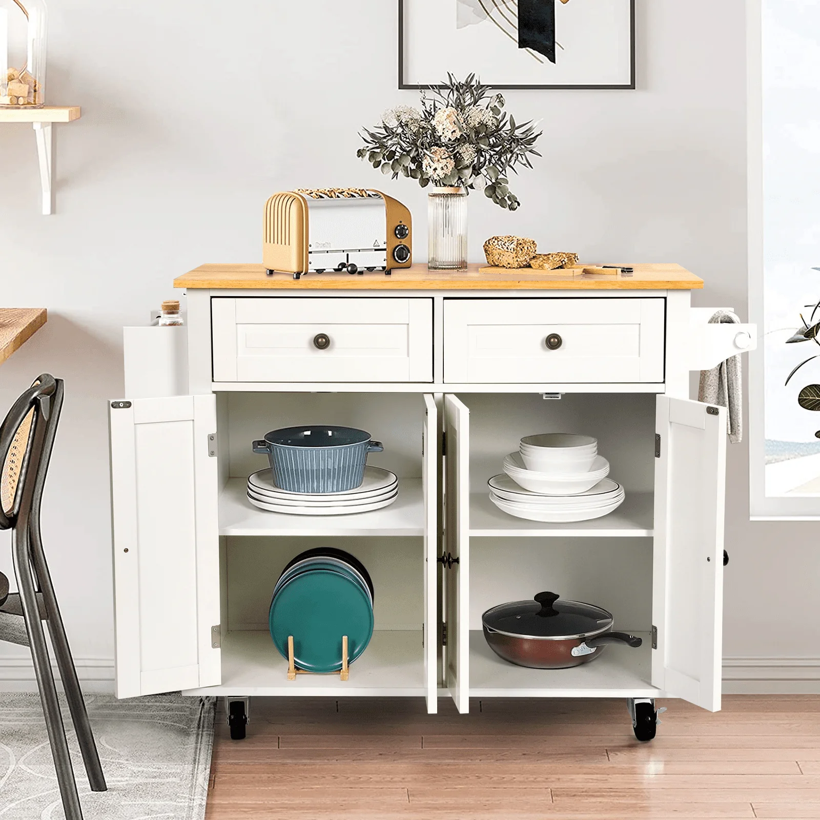 Richya Kitchen Island with Storage, Rolling Kitchen Cart with Lockable Wheels, Rubber Wood Tabletop Kitchen Island Table for Kitchen, Living Room, White
