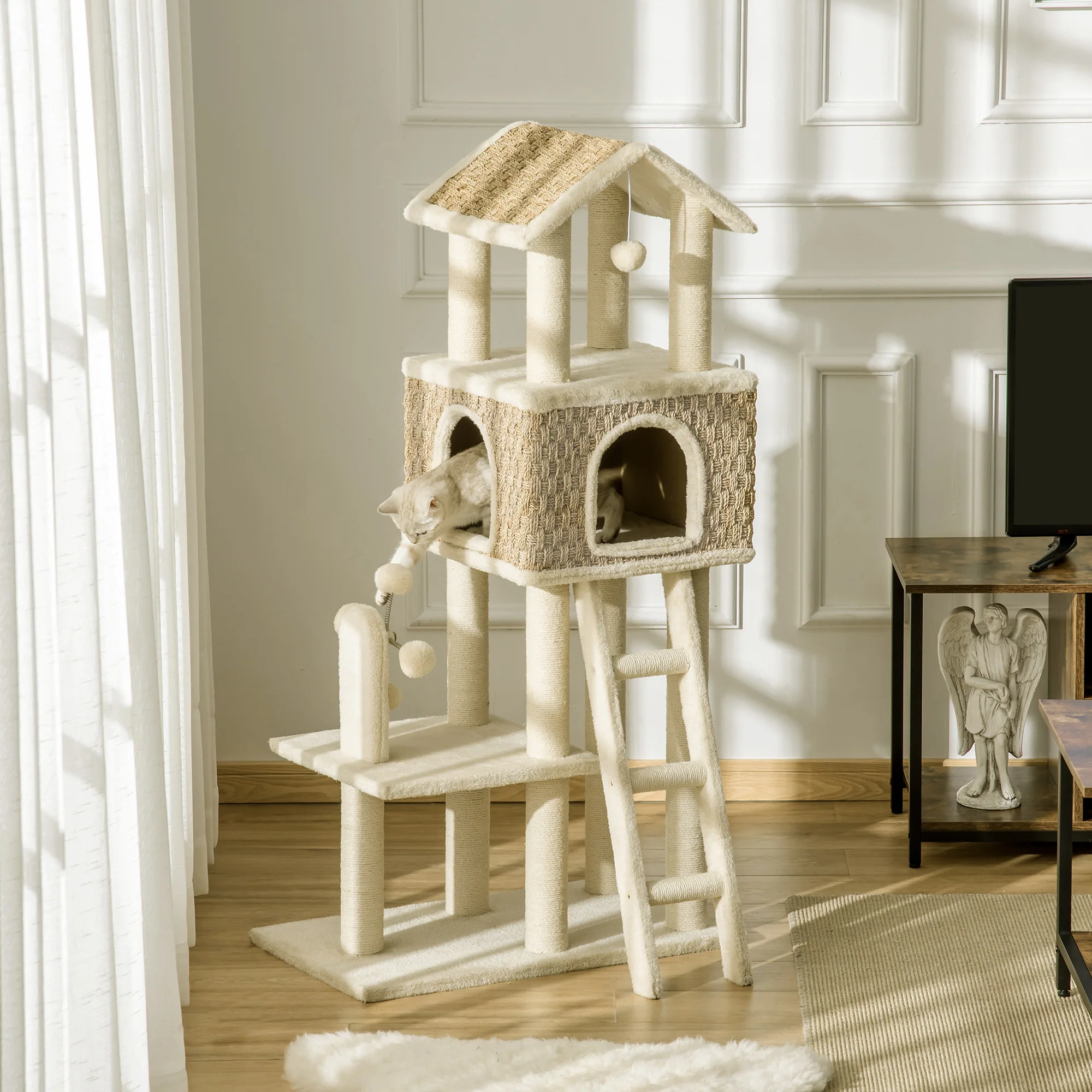 PawHut Kratzbaum Katzenhöhle 2in1 mit Sisal-Kratzstämmen