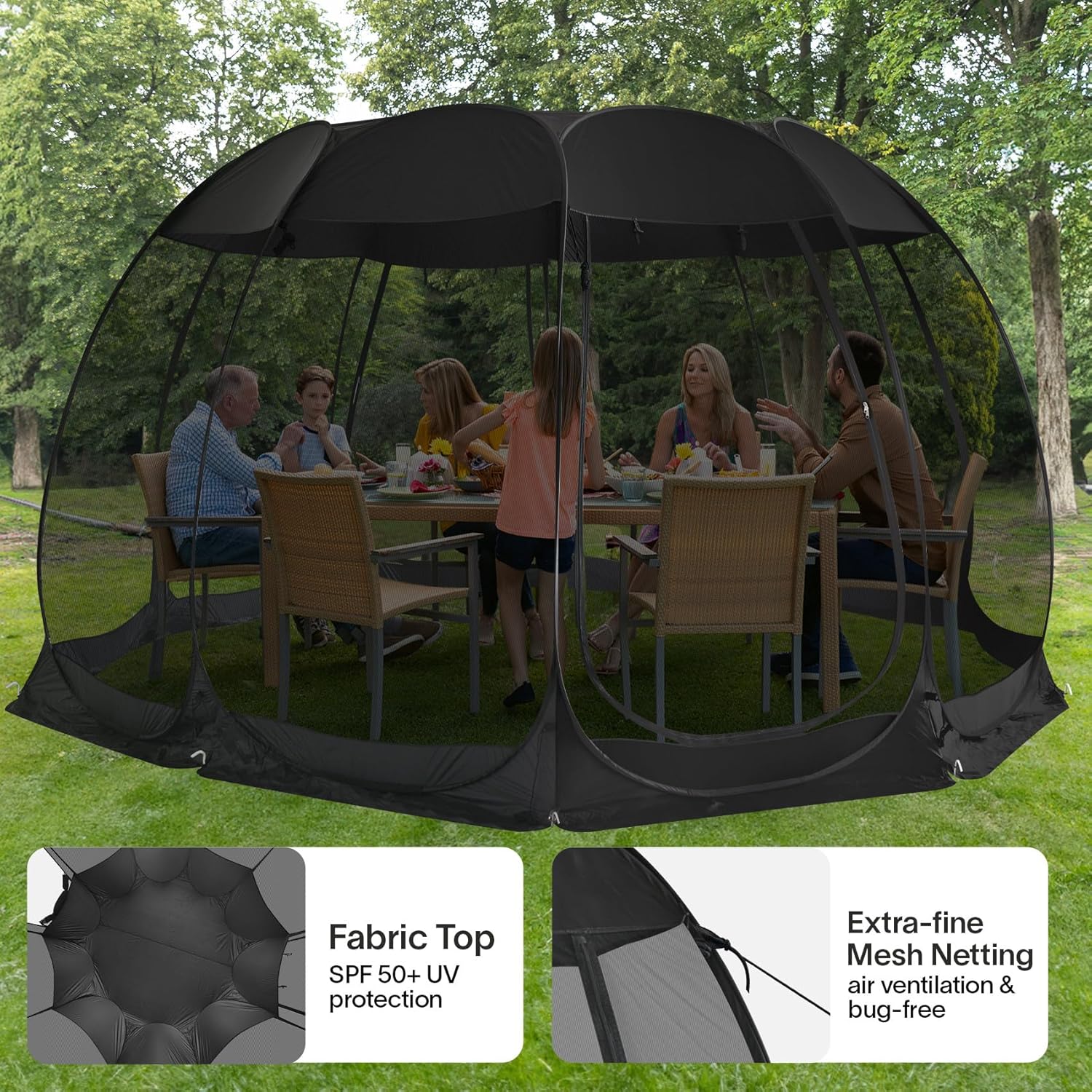 Gazebo moustiquaire pouvant accueillir 6, 10 ou 15 personnes. Tente de style igloo avec moustiquaire latérale. Idéal