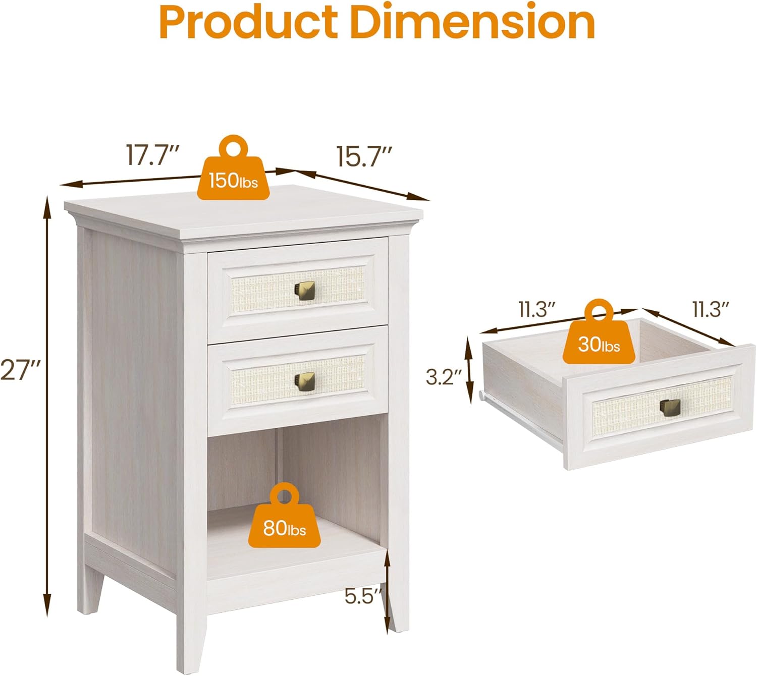 RoyalCraft White Rattan Nightstand with Drawer Set of 2, Boho 27