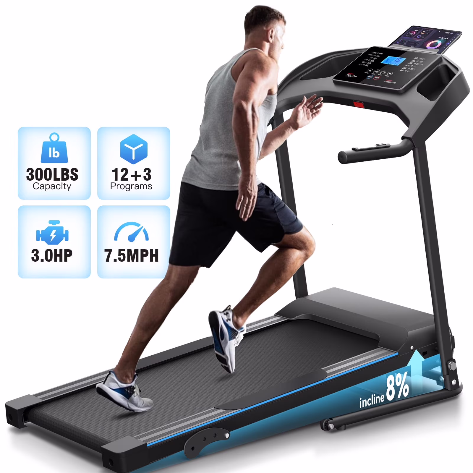 Treadmill with 8% Incline, 3.0 HP Foldable Compact Treadmill with Sit-up Function, 300 lbs Walking Running Treadmill with LCD Display for Exercise, 12 Programs(Pink-Upgraded) - Image 3