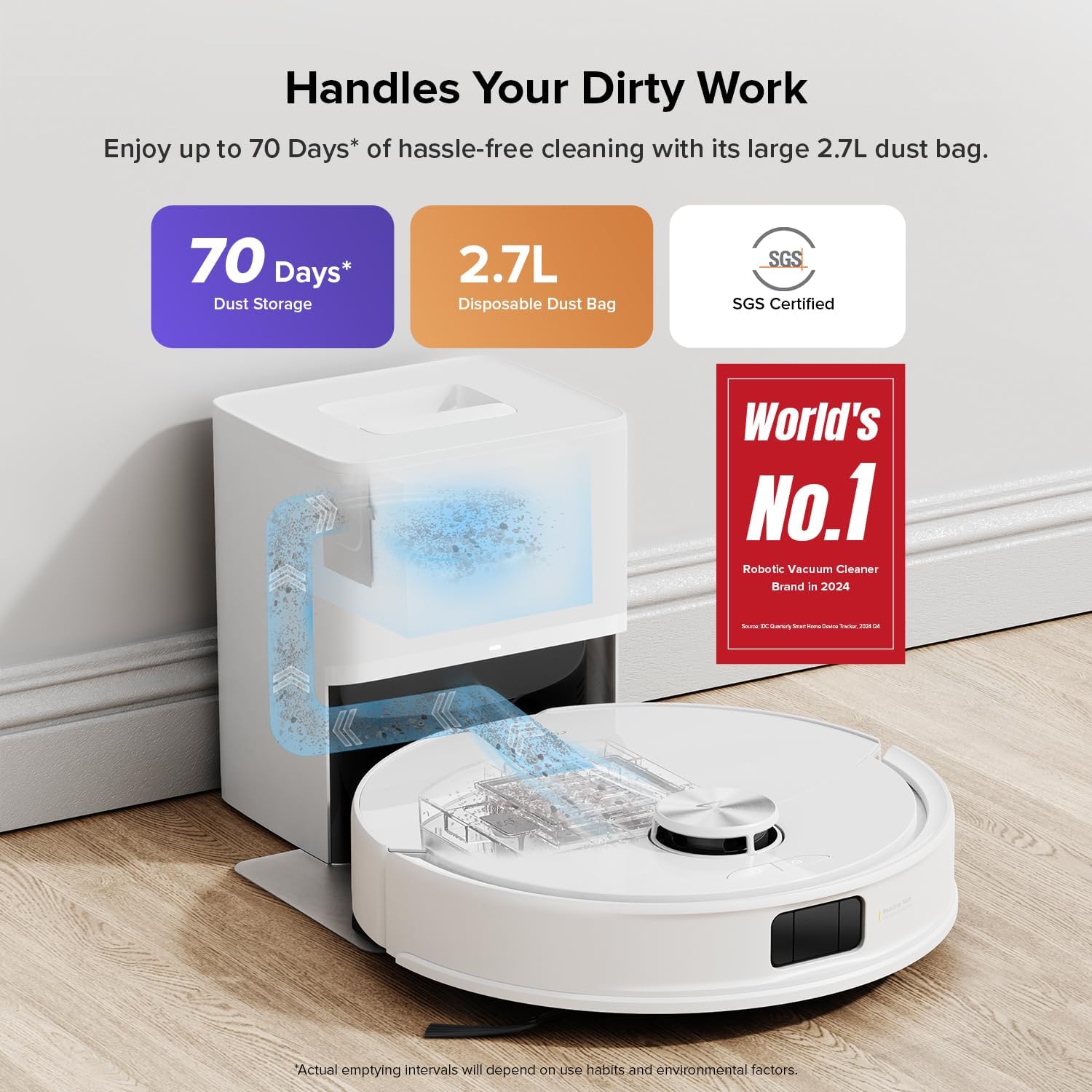 roborock Q10 S5+ Robot Vacuum and Mop, 10,000Pa Suction, Upgraded from Q8 max+, 70 Days Self-Emptying, Obstacle Avoidance, Sonic Mopping, Dual Anti-Tangle Design, Auto Mop Lifting, Ideal for Pet Hair