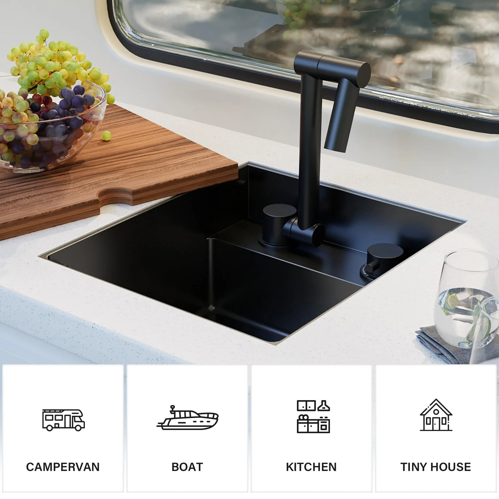 RV Kitchen Sink, 13 x 15 x 7 Inch Undermount Bar Sink 16 Gauge Stainless Steel Single Bowl Sink with Foldable Faucet Cutting Board, Dark Grey - Image 7