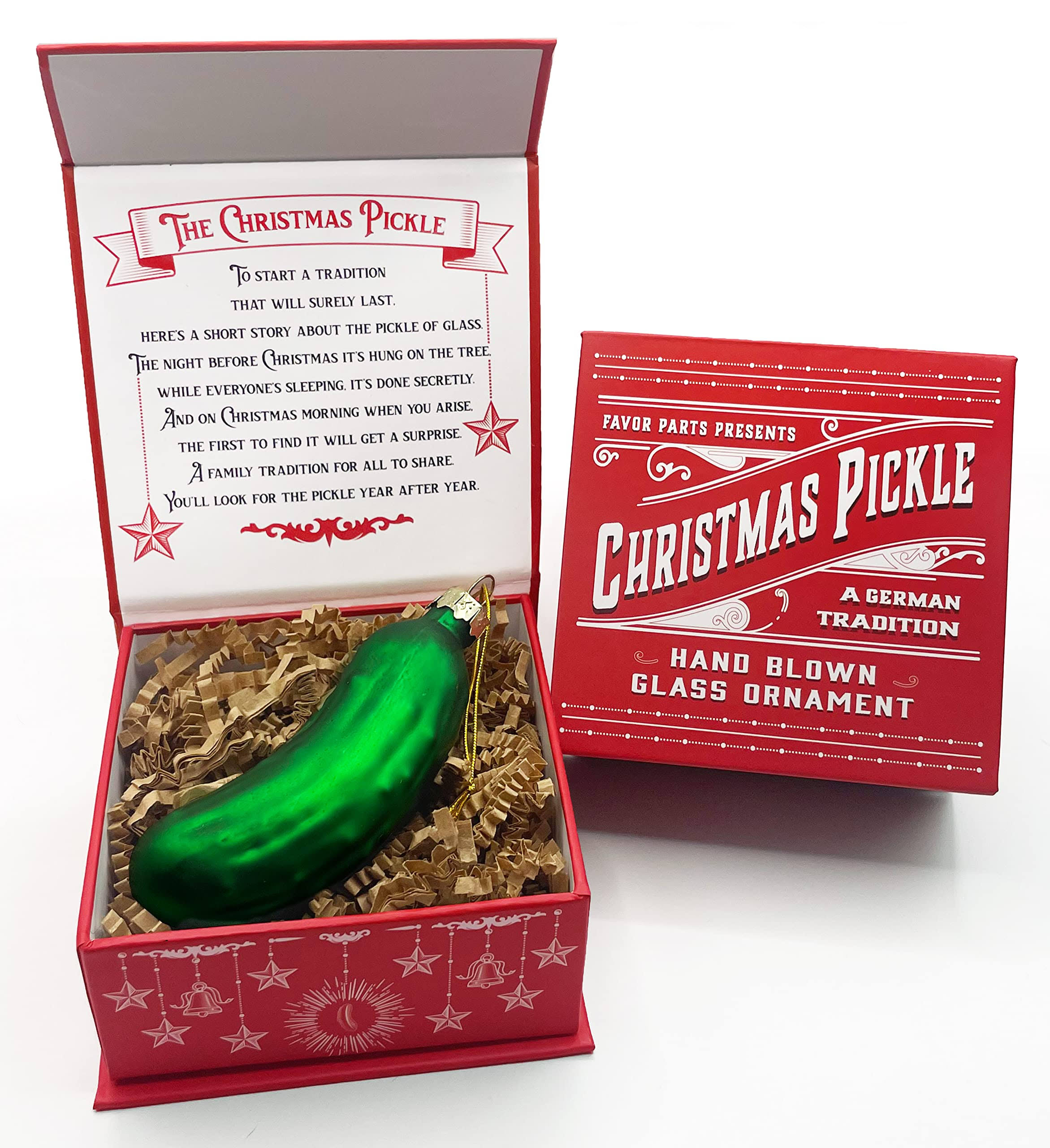 Favor Parts German Christmas Pickle Ornament Tradition Decor - Green Glass Tree Decoration - Gift Boxed with Story & Legend