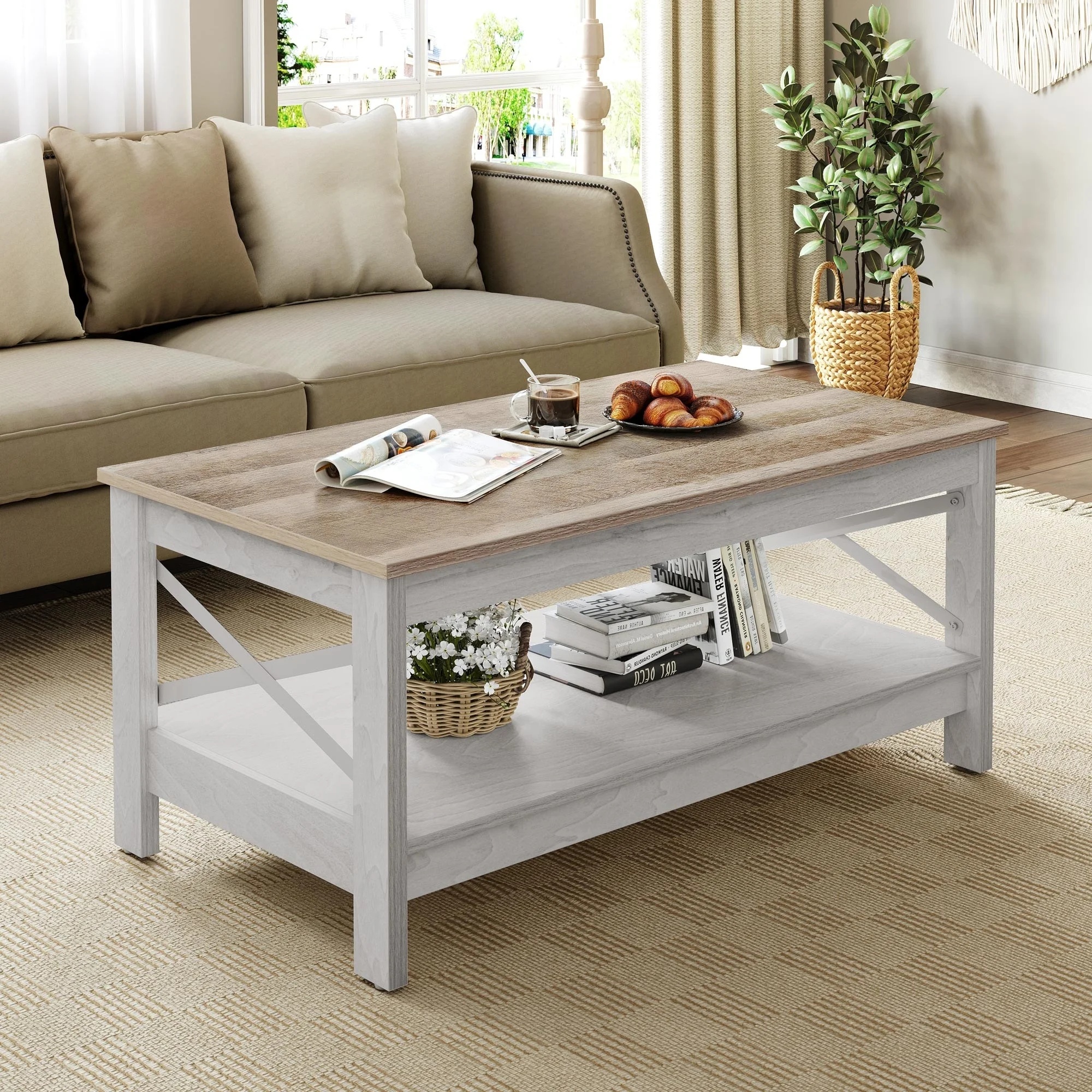 Farmhouse Coffee Table with Storage 2-Tier Center Table for Living Room Grey Wash Top+White(Grey Wash Top+White) - Image 2