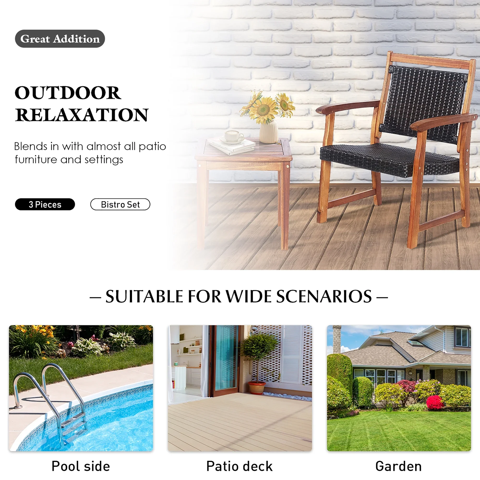 Costway 3PCS Patio Rattan Bistro Set Acacia Wood Frame Armrest Chairs Garden