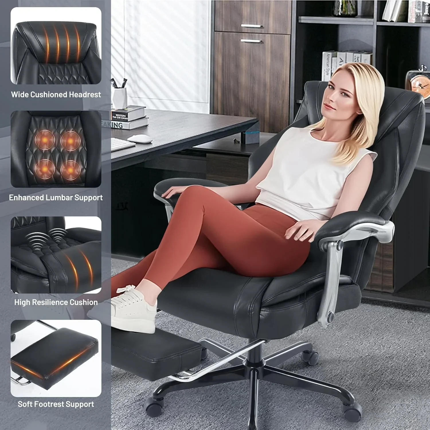Fauteuil de bureau massant avec chauffage et repose-pieds, fauteuil de bureau ergonomique inclinable de direction