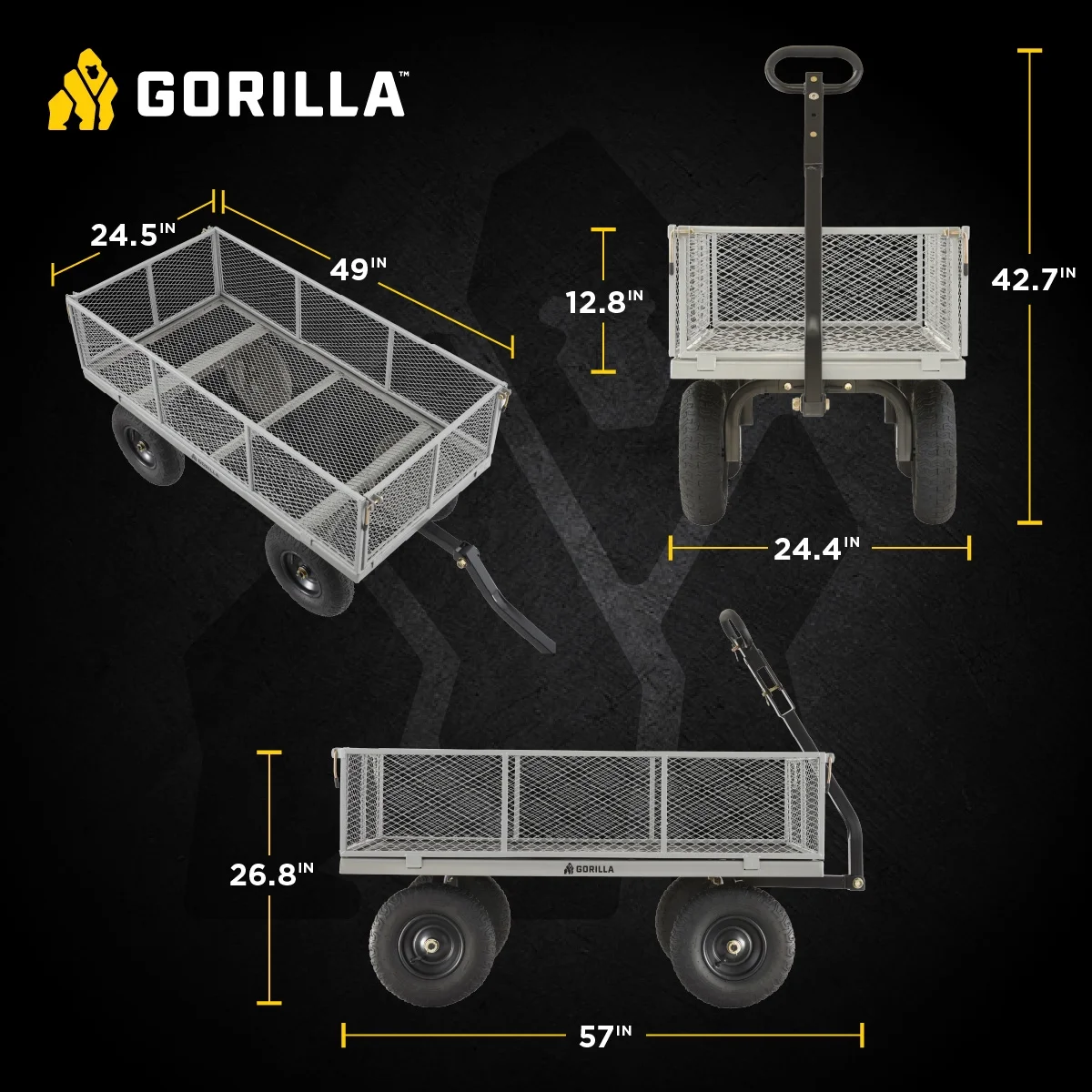 1000-lb. Capacity Steel Utility Cart, Model #GOR1001-Com, 13-inch Pneumatic Tires(Gray) - Image 3