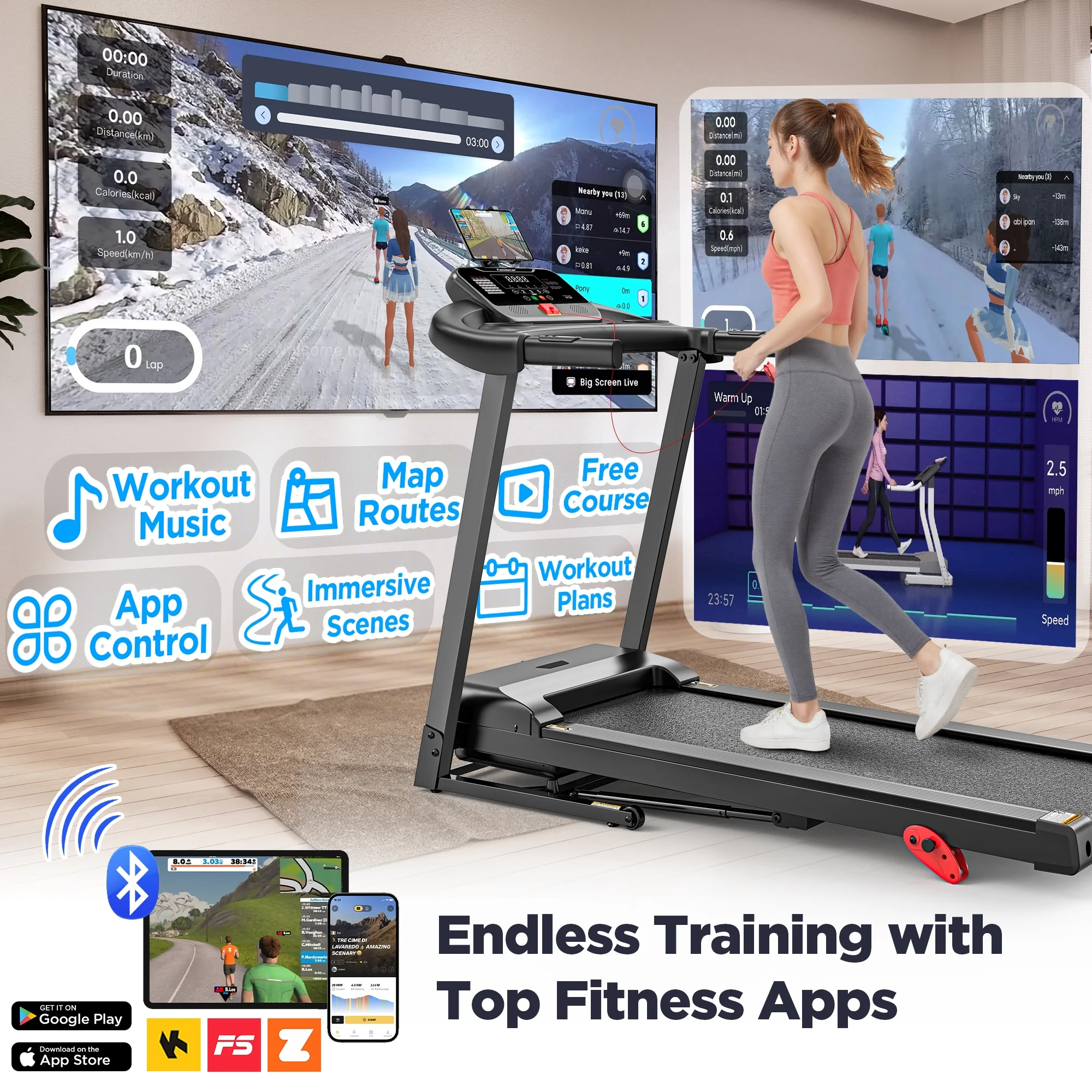 Treadmill for Home, Portable Folding Electric Exercise Treadmill with Adjustable Incline, APP Control, 64 Programs, 300 lb Capacity, 7.5MPH, Bluetooth Speakers, Running Walking Jogging, 12/23 Update - Image 5
