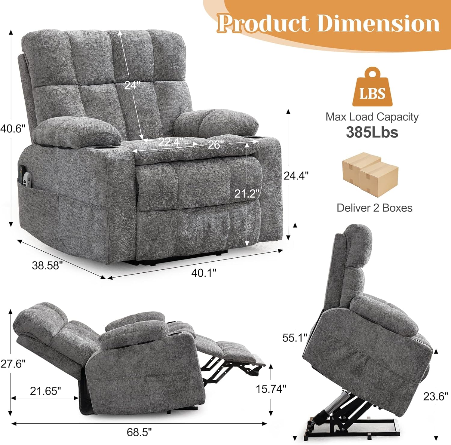 Oversized Dual Motor Power Lift Recliner for Elderly with Adjustable Headrest, Extra Wide Recliner Chairs with Massage and Heat, Electric Lift Chair with Storebox Cupholder, USB Ports, Type C