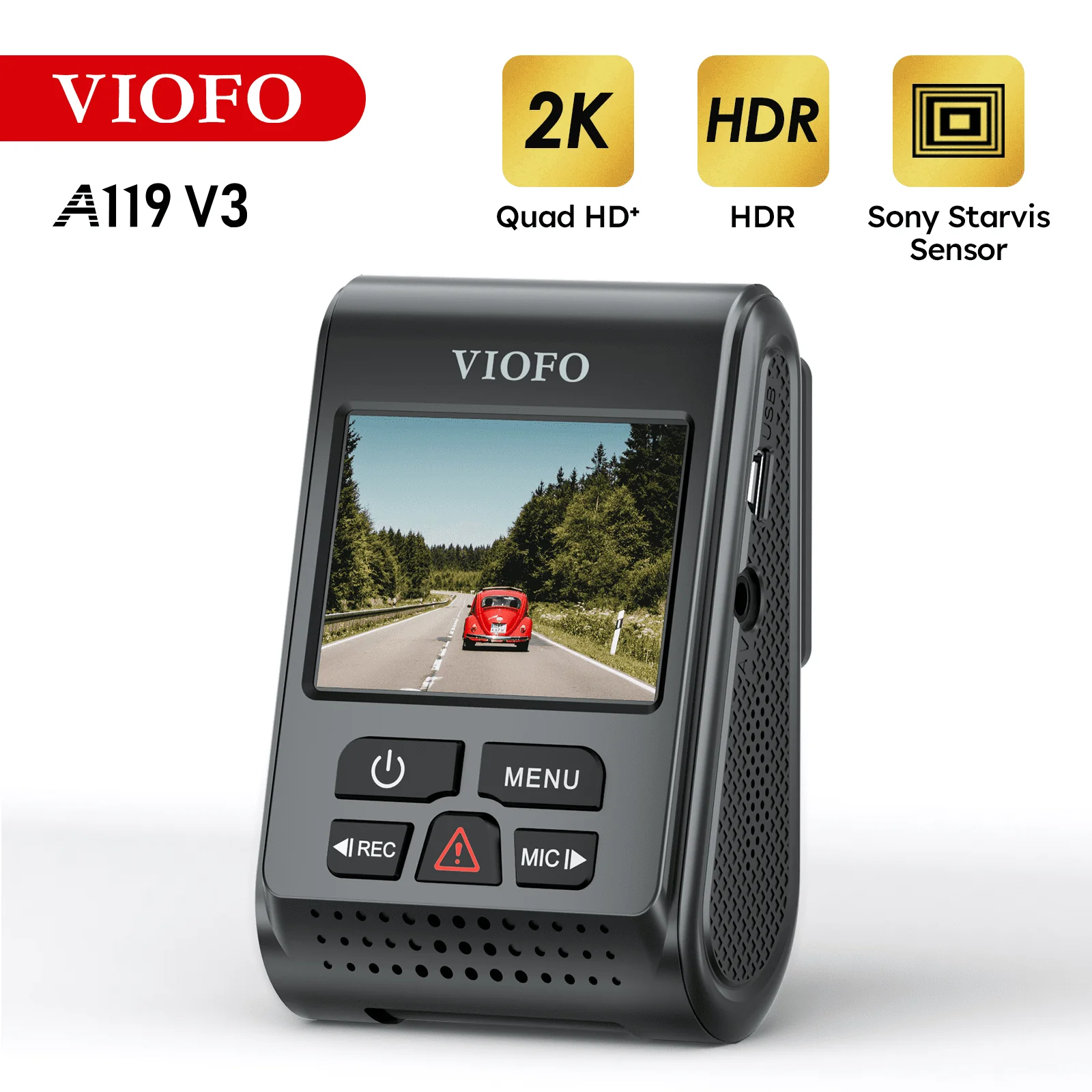 2K Dash Cam 2560x1440P Quad HD+ Car Dash Camera, Ultra Clear Night Vision, GPS Included, Buffered Parking Mode, True HDR, A119 V3