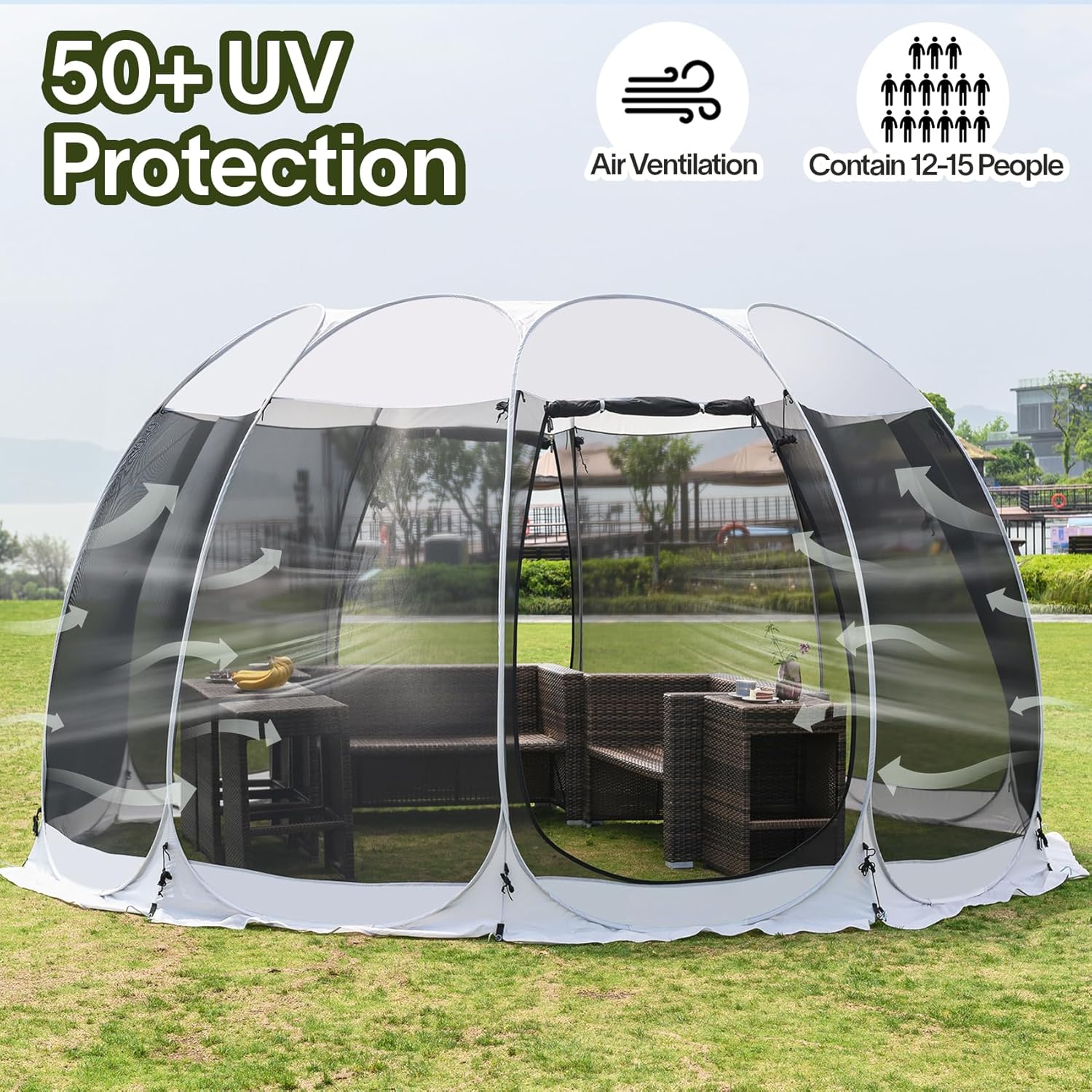 Gazebo moustiquaire pouvant accueillir 6, 10 ou 15 personnes. Tente de style igloo avec moustiquaire latérale. Idéal