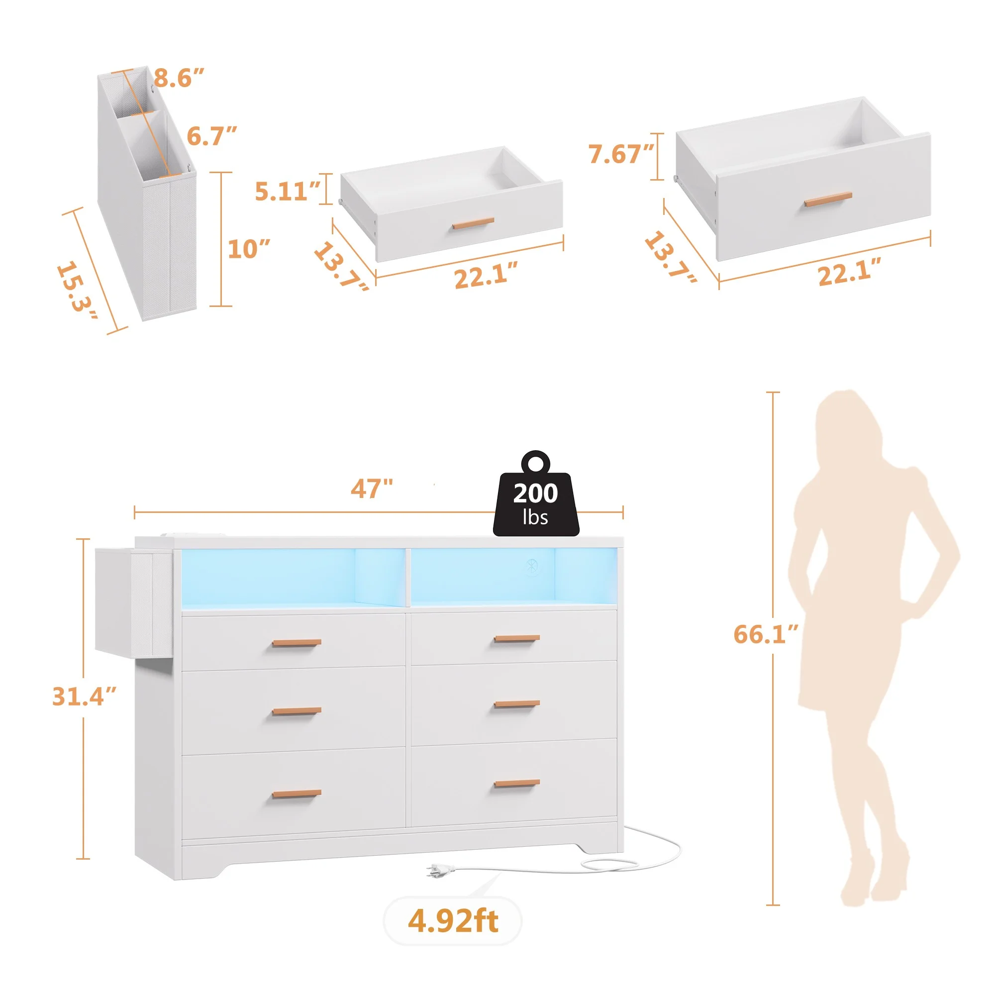 White Dresser for Bedroom,6 Drawers Dresserwith LED Lights and Charging Station, 47" Wide Bedroom Dresser Chest of Drawers Storage Organizer TV Stand for up to 55" TV for Living Room(47"/White) - Image 2