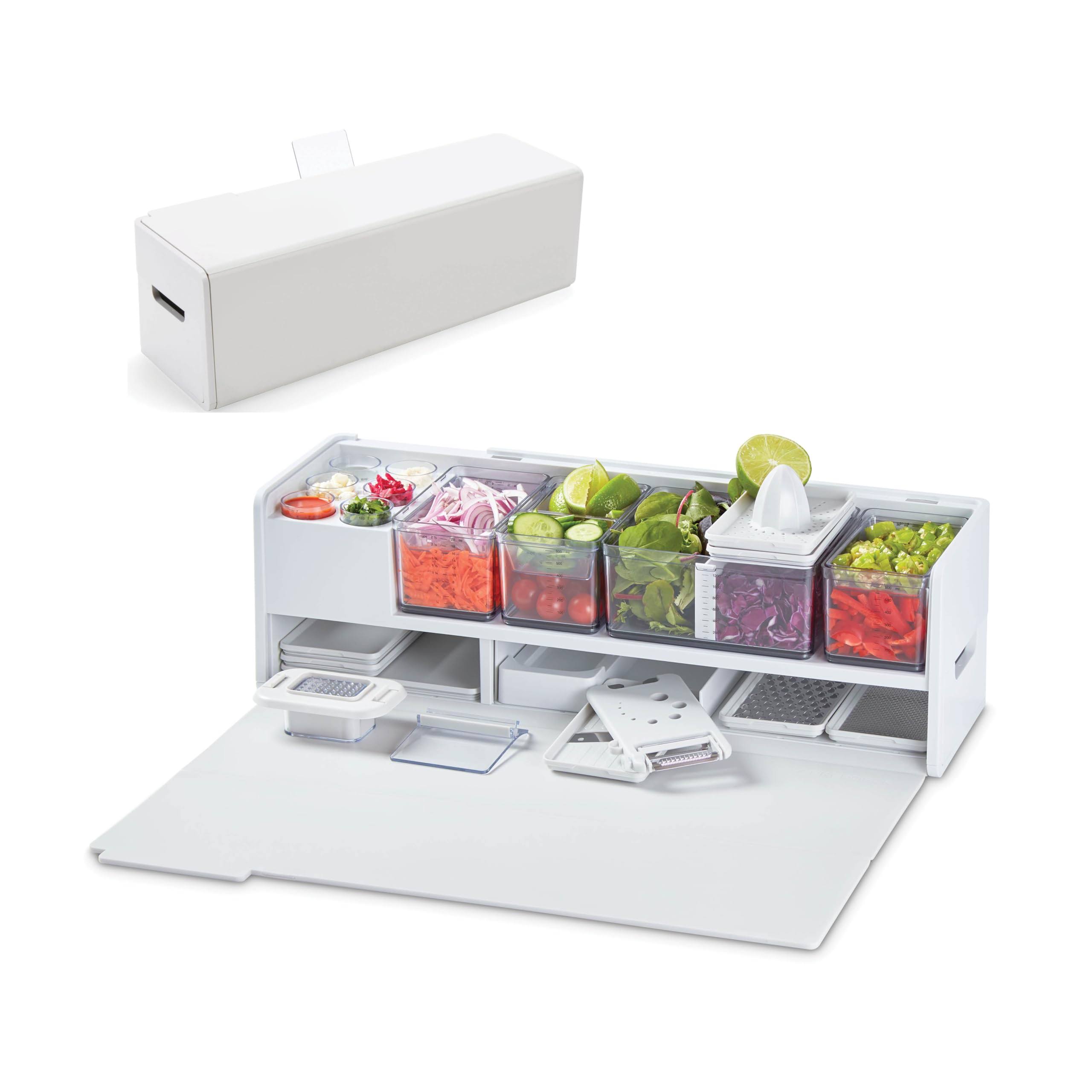 Prepdeck Gen 2 Recipe Prep & Storage Station - 8 Essential Tools + Deluxe Cutting Board, 14 Plastic Containers + Super-Seal Lids, Removable Trash