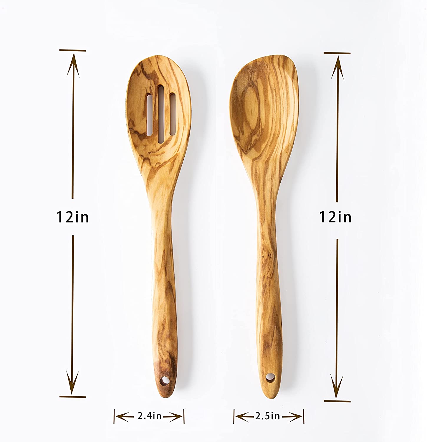 2 Piece Olive Wood Spoons for Cooking, Nonstick Wooden Slotted Spoon/Corner Spoon Set