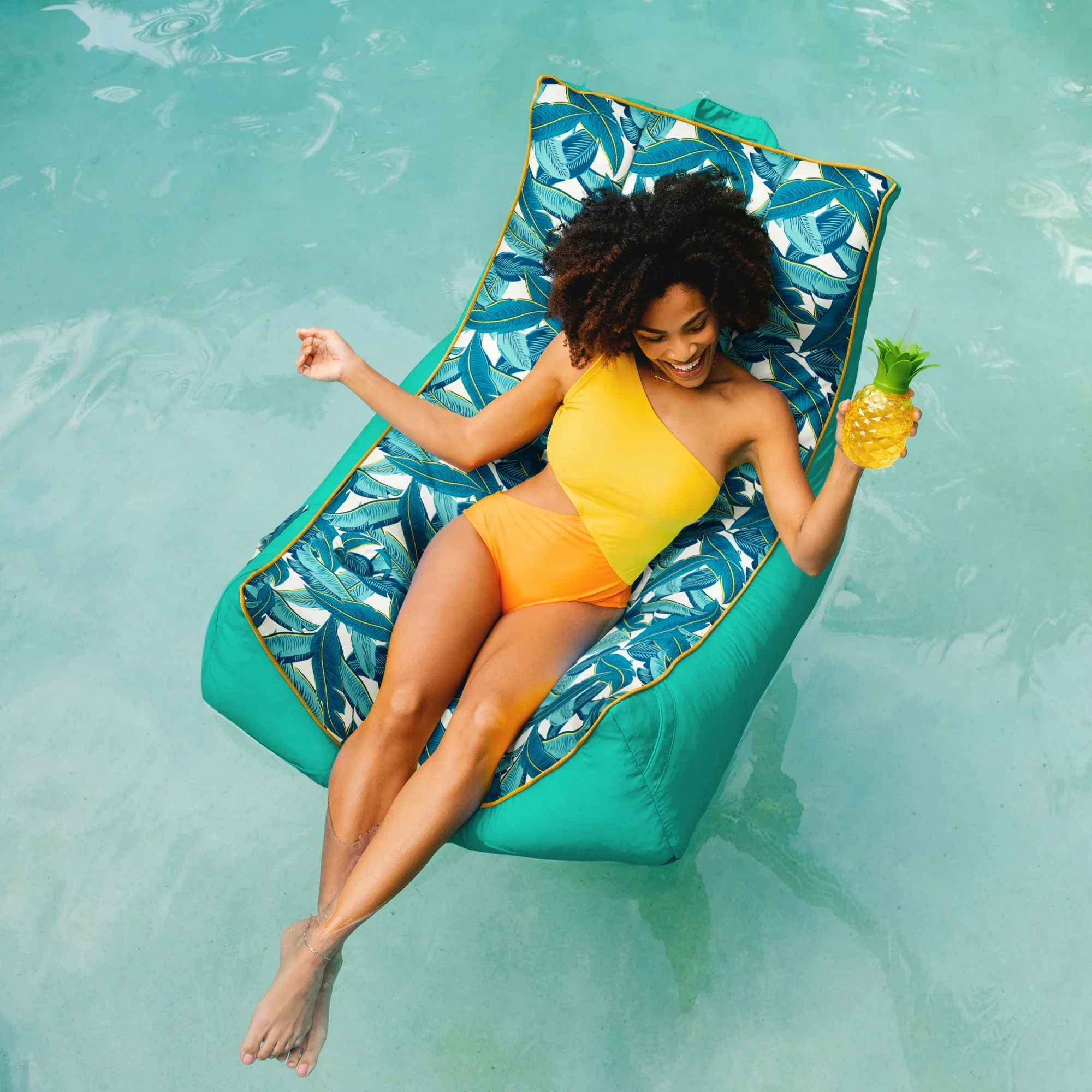 Big Joe Captain's Float No Inflation Needed Pool Lounger with Drink Holder, Tropical Hibiscus Aqua Double Sided Mesh, Quick Draining Fabric, 3 feet