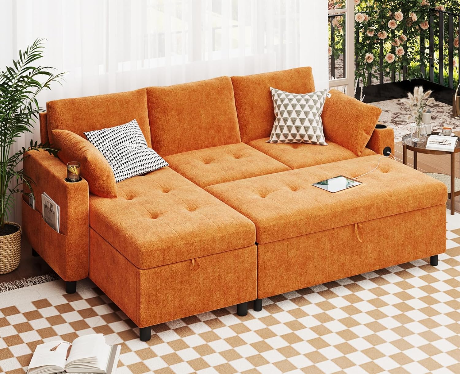 AECOJOY Sleeper Sofa Couch with Pullout Bed, Chenille, Orange