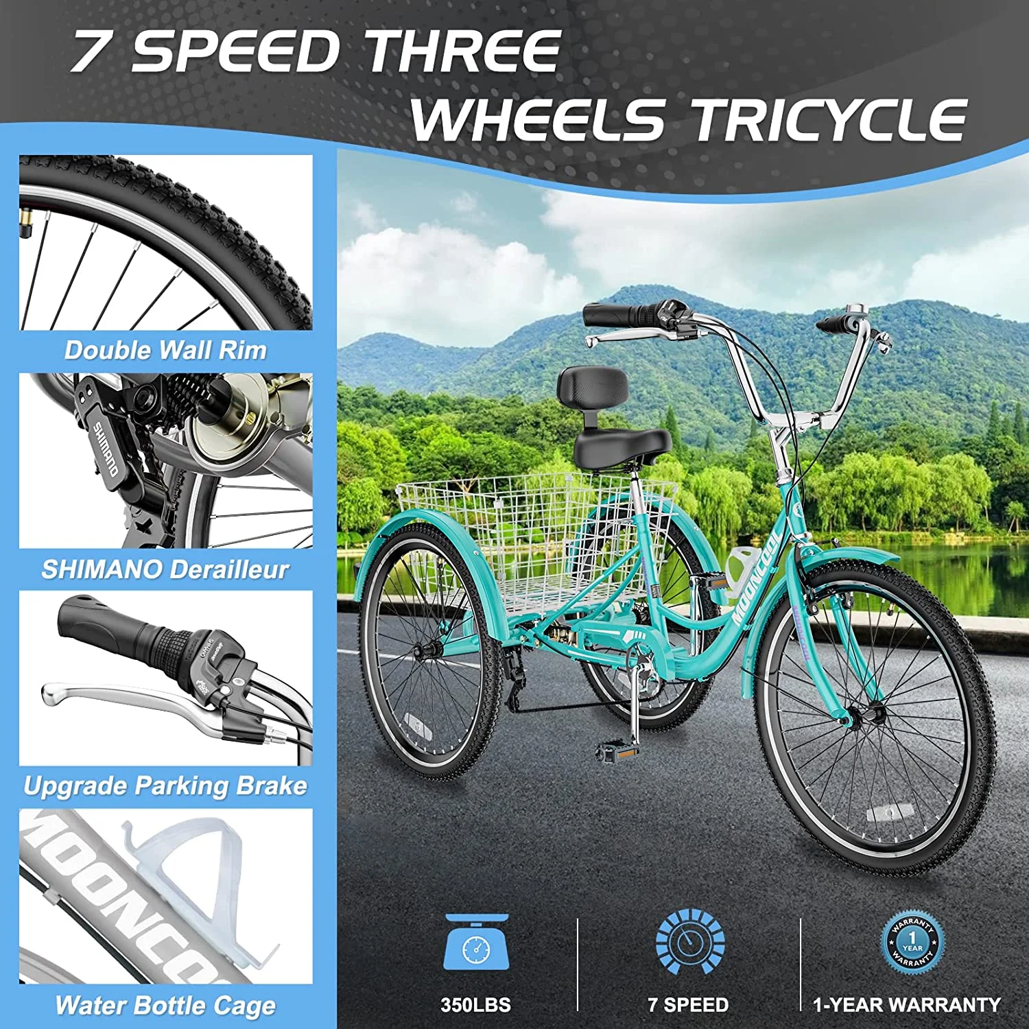 Adult Tricycle 20/24/26 in 7 Speed, Three Wheel Bicycle for Adult, Trike Cruiser W/ Tools & Big Basket for Exercise Shopping Picnic Outdoor Activities