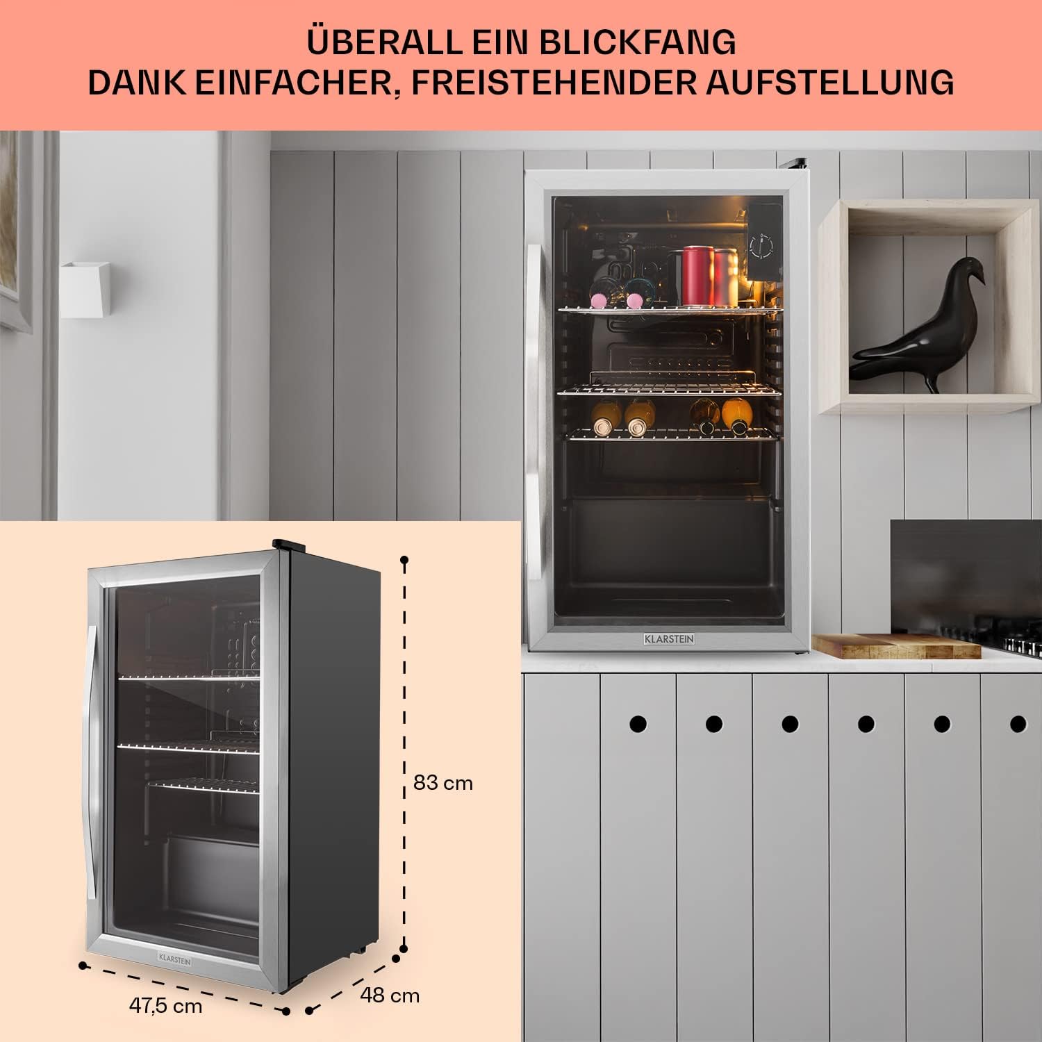 Klarstein Mini Koelkast met Glazen Deur voor Kamer, Drankenkoelkast met Verstelbare Planken, Klein 80 Liter, Indoor/Outdoor Koelkast Stil