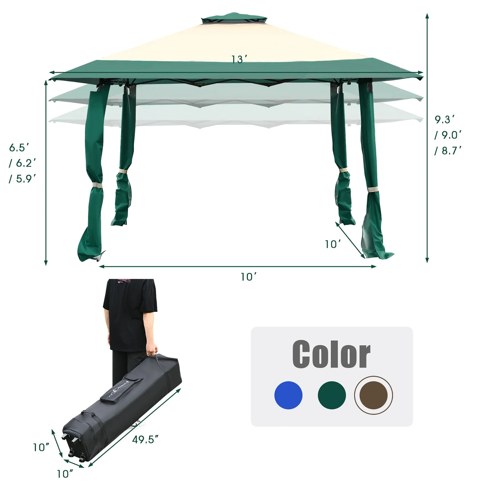 Costway 13'x13' Gazebo  Canopy  Shelter Awning Tent Patio Garden Green