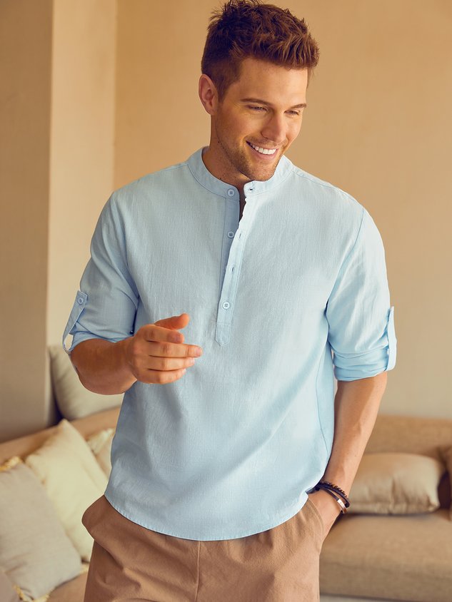 Chemise décontractée à manches longues unie en coton et lin