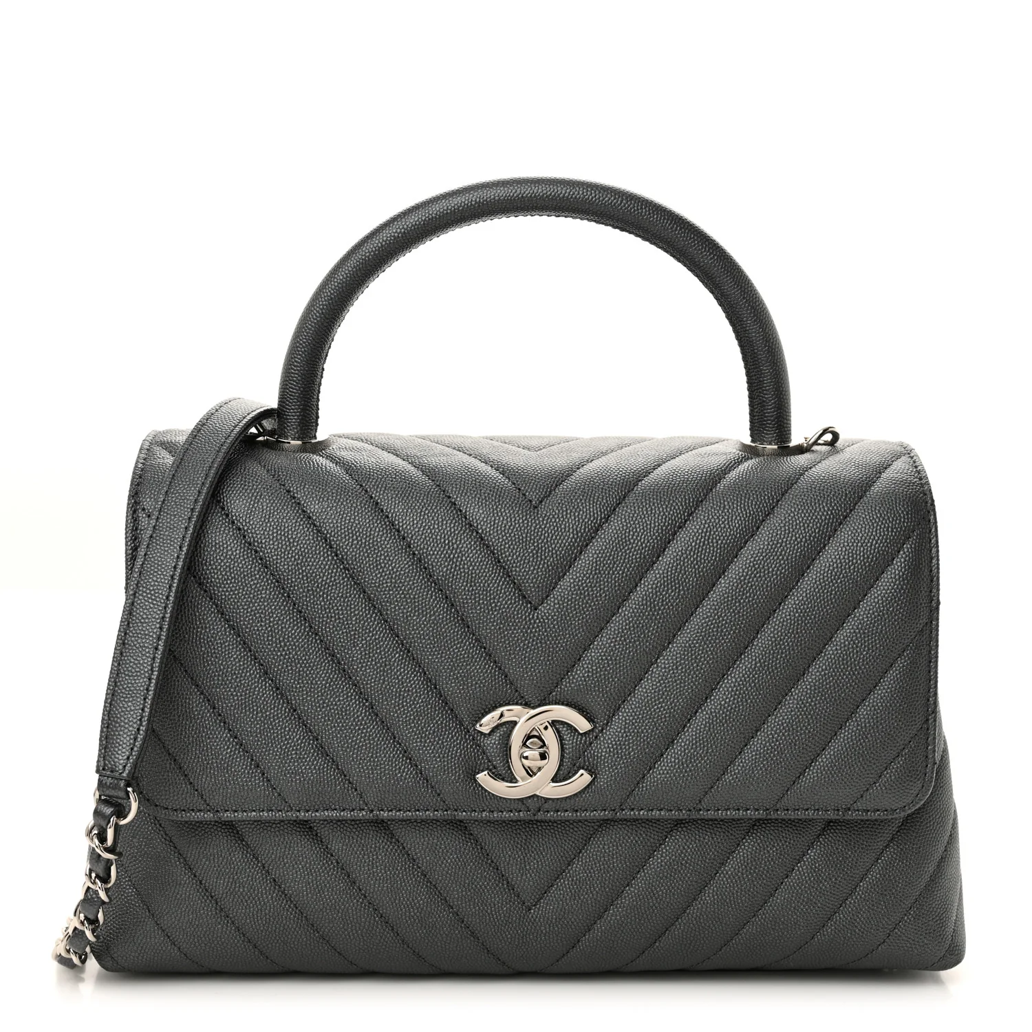 Metallic Caviar Chevron Quilted Small Coco Handle Flap Dark Silver
