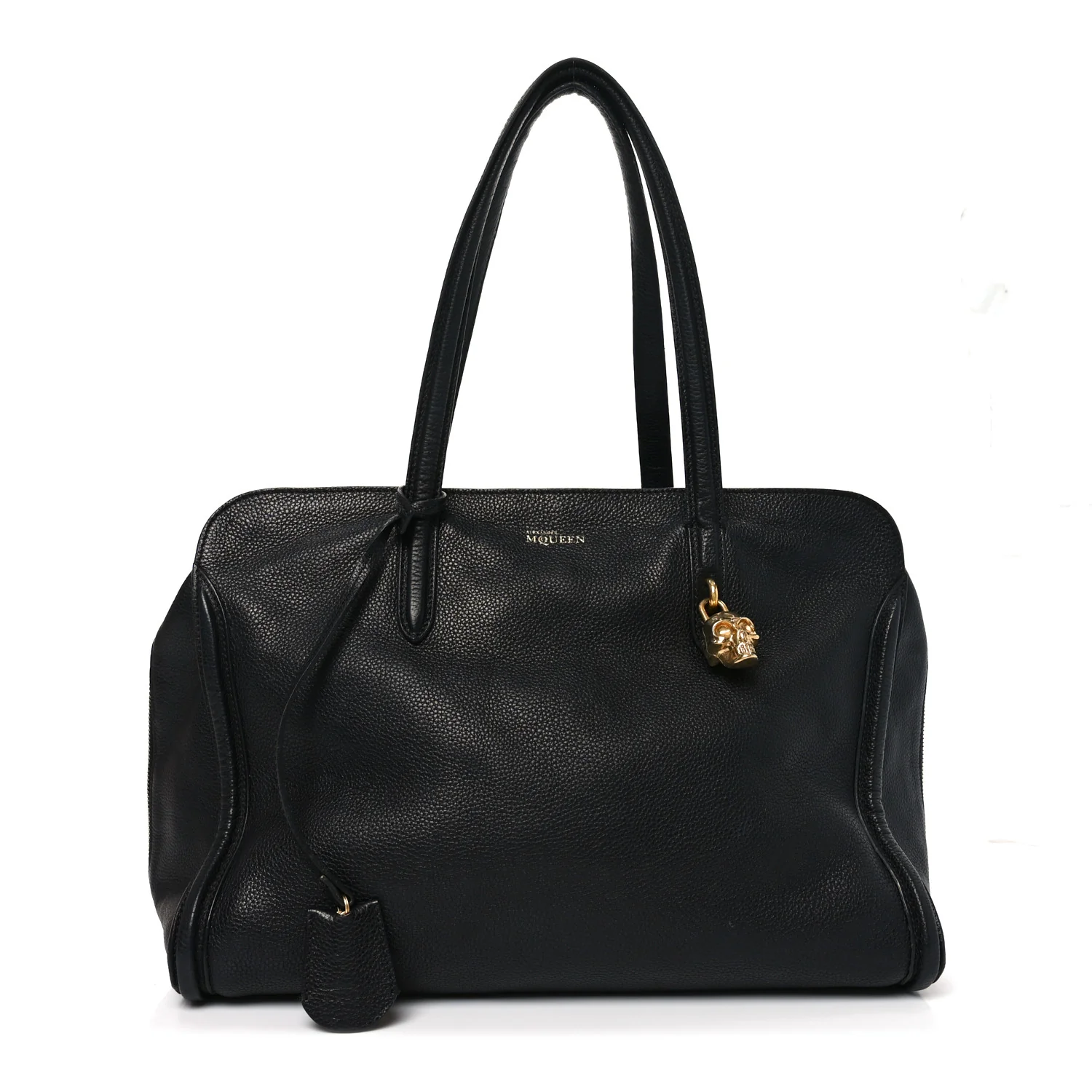 Pebbled Calfskin Large Skull Padlock Zip Around Tote Black