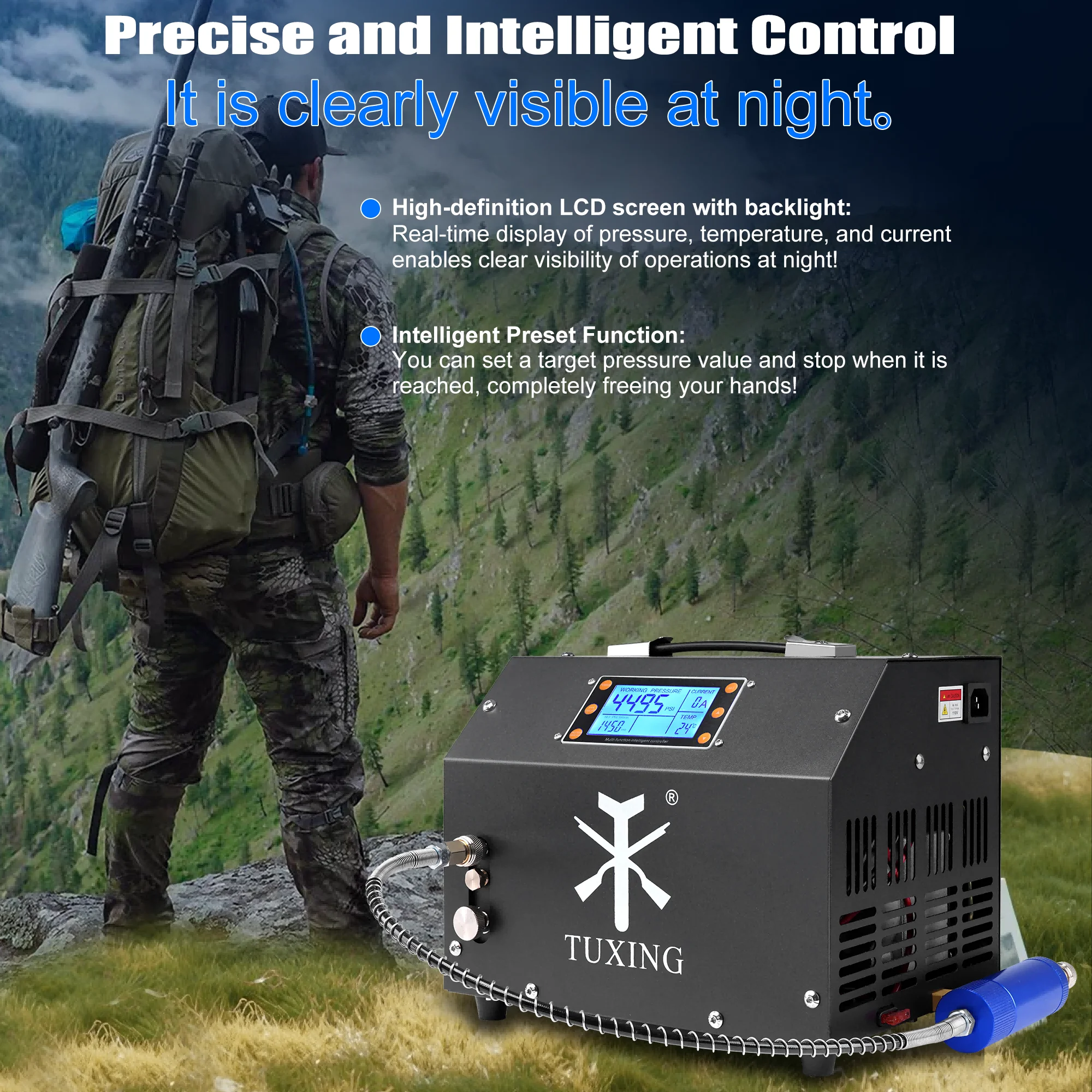 PCP Air Compressor LCD Display 4500Psi Built-in Converter Auto-Stop Portable Air Pump 110V - Image 3