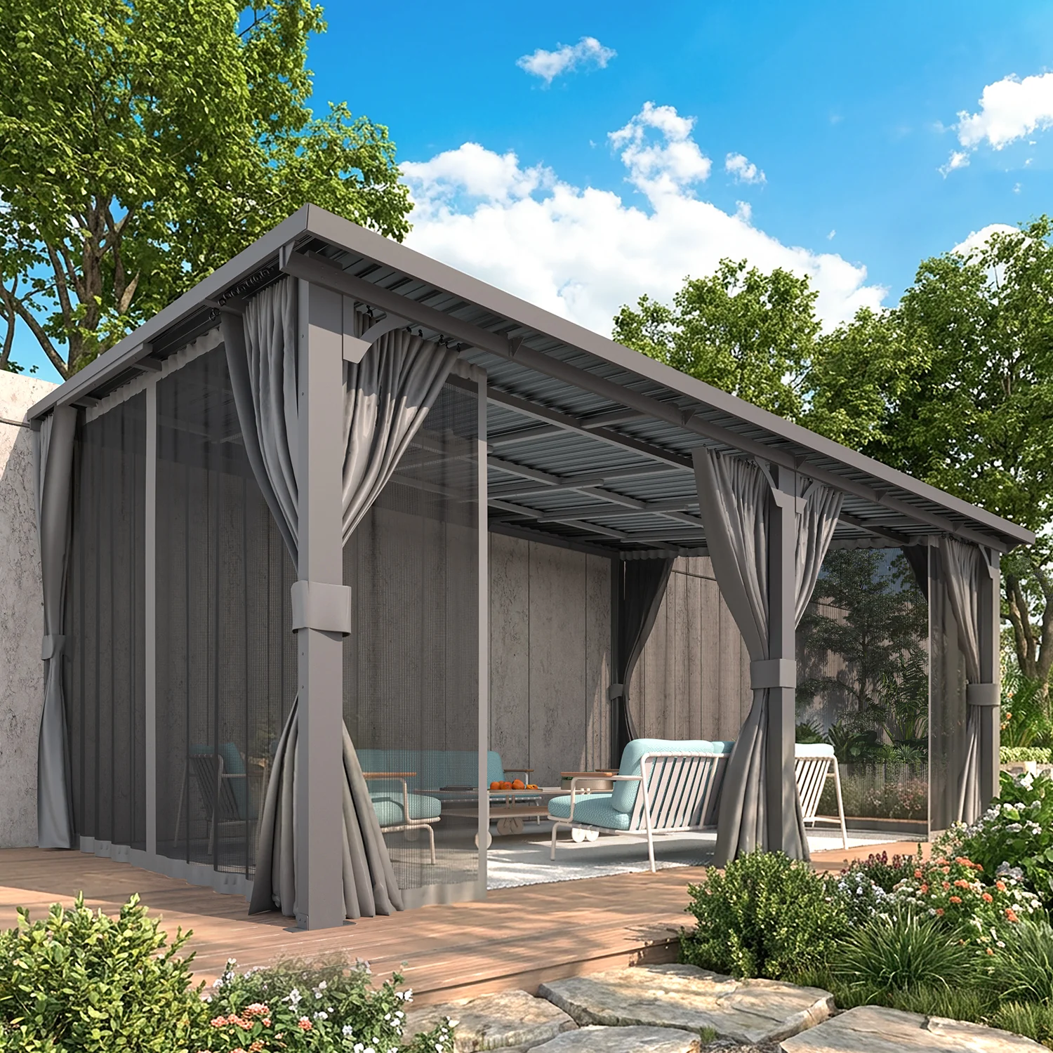 AECOJOY 16'x12' Outdoor Hardtop Metal Gazebo with Curtain and Netting