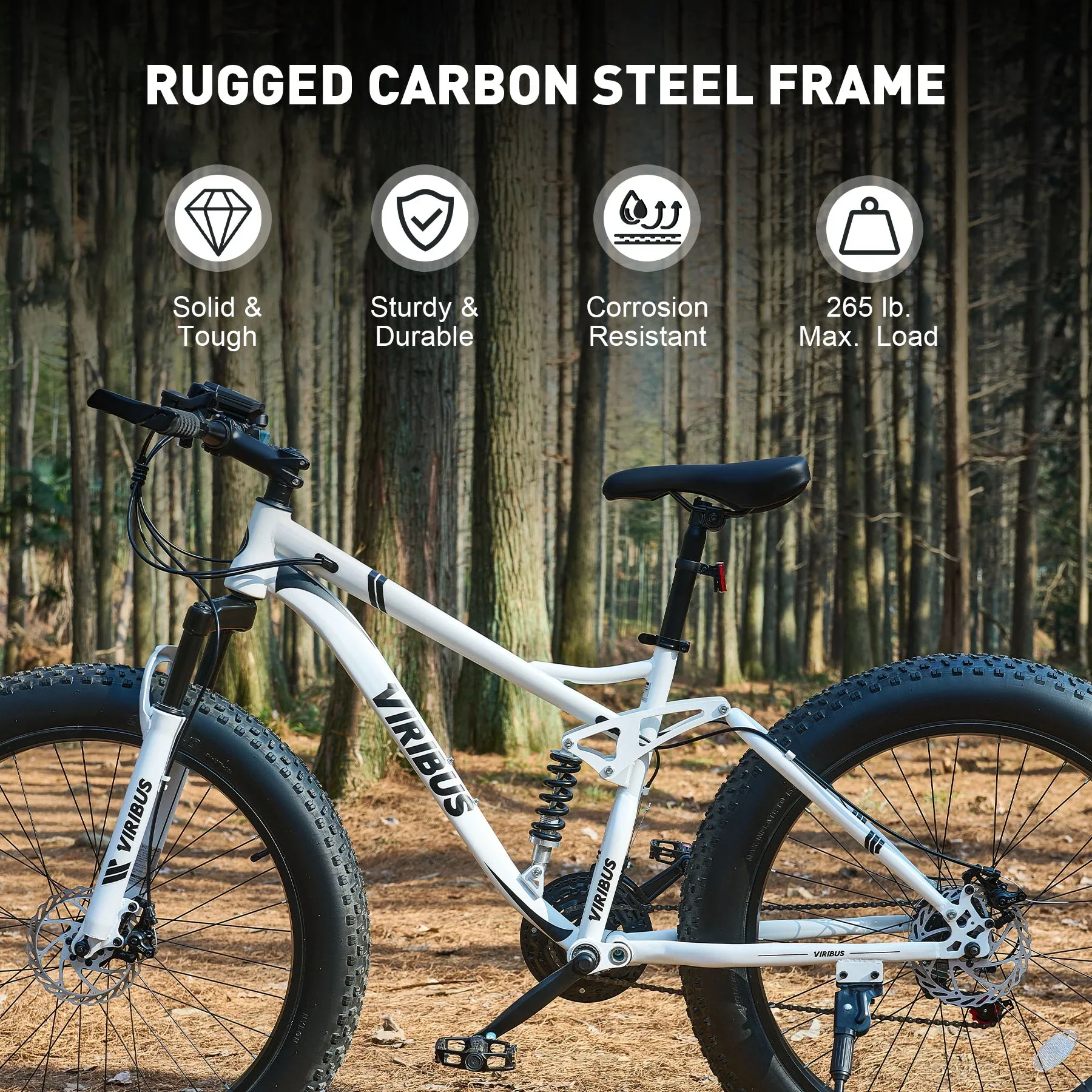 VIRIBUS 26 Fat Tire Mountain Bike Full Suspension Bike with 21 Speeds Disc Brakes White