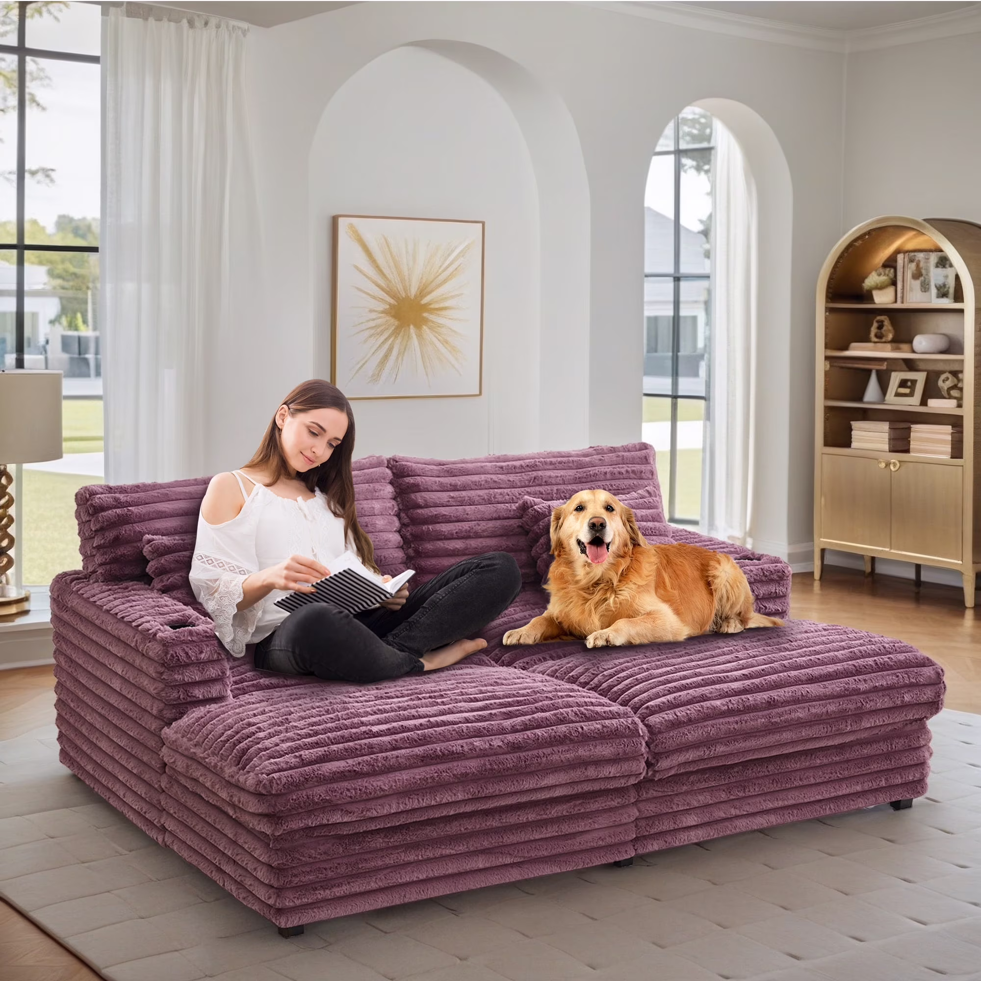 Oversized Double Chaise Lounge, Faux Fur Upholstered Deep Seat Sofa with 2 Pillows, 2 Cupholders, and Dual USB Ports(Wine Red)