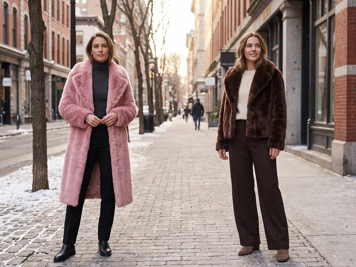 Long and cropped faux fur coat styles worn outdoors in winter