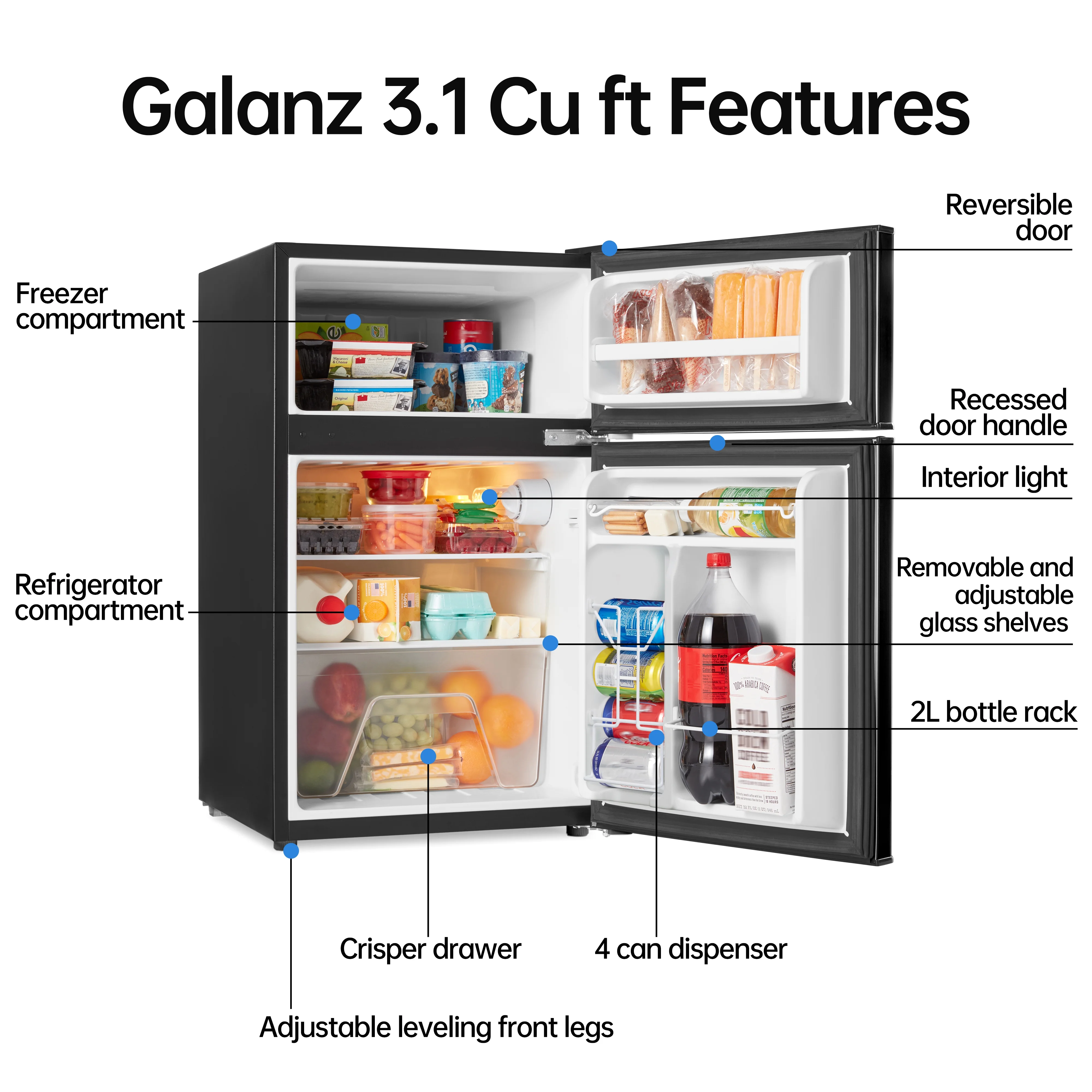 3.1 Cu ft Two Door Mini Fridge, Black, New(Black) - Image 4