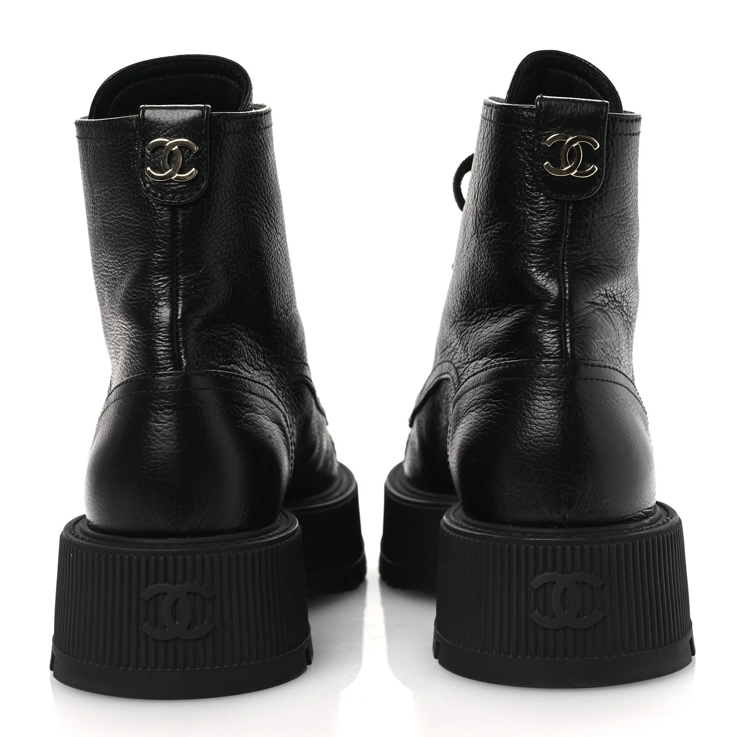 Grained Calfskin Shiny Calfskin CC Lace Up Combat Boots 38.5 Black