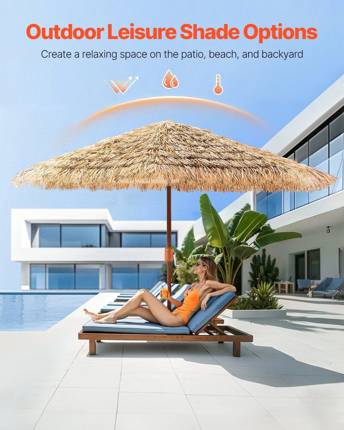 Tiki Umbrella Thatched Patio Umbrella 9 ft Poolside Patio Beach Umbrella