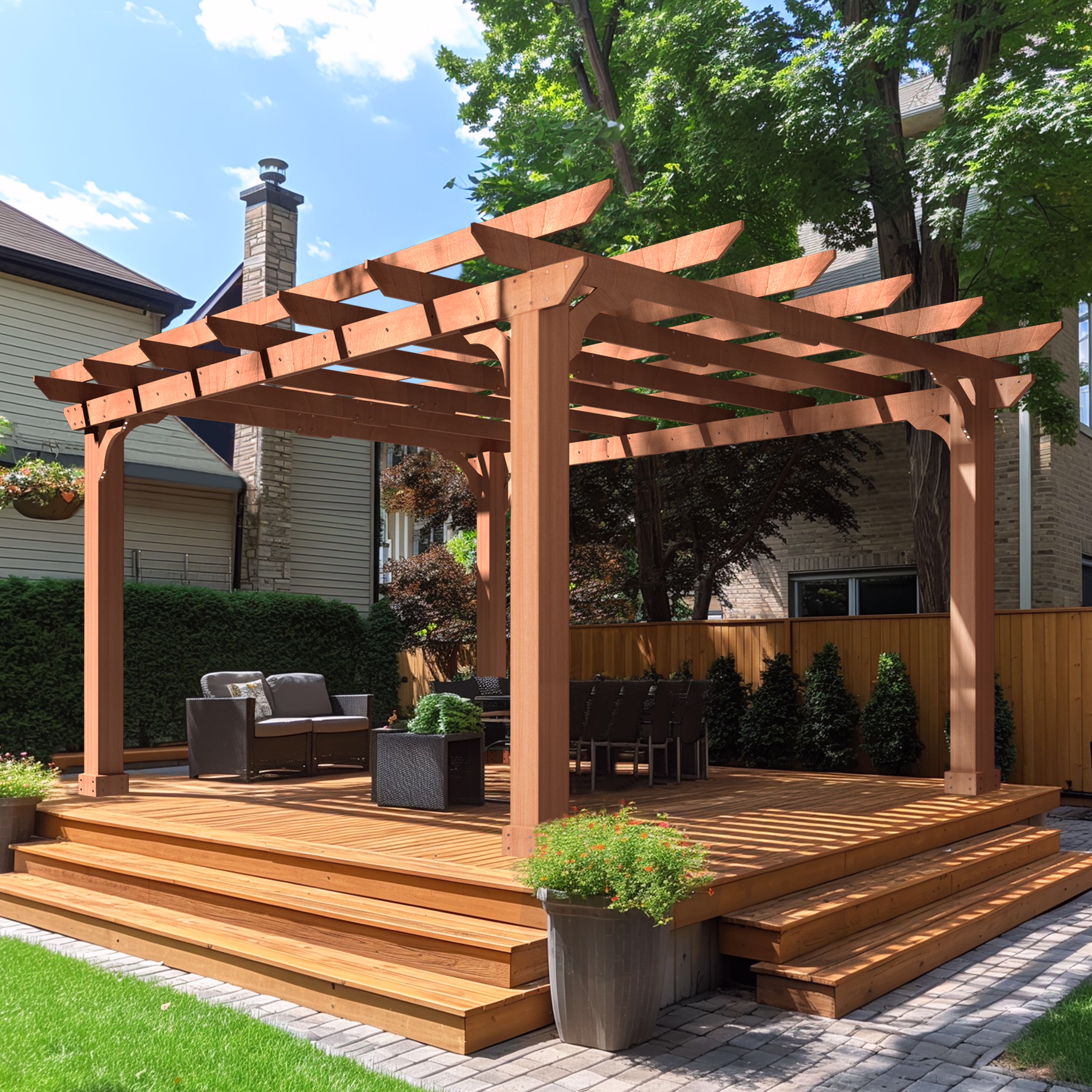 VEIKOUS 12'x10' Cedar Wood Pergola w/ Flat Roof and Ground Stakes for Outdoor Patio, Garden, Deck