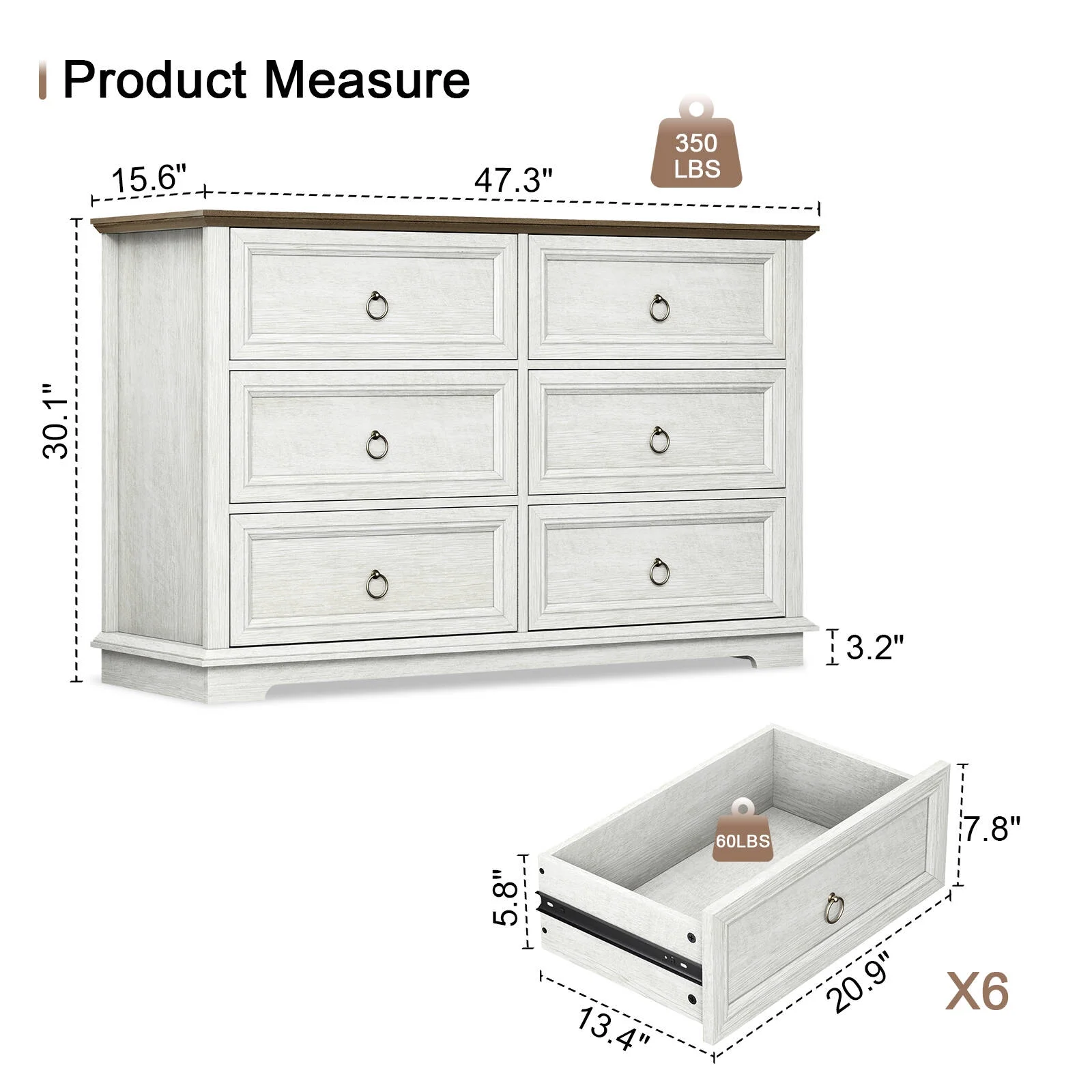 6 Drawers Dresser for Living Room,Storage Cabinet Wooden Dressers Organizer for Bedroom,White(Horizontal/White) - Image 6