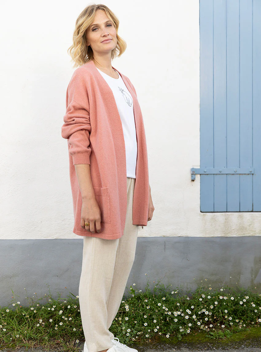 Gilet long femme en laine recyclée rose