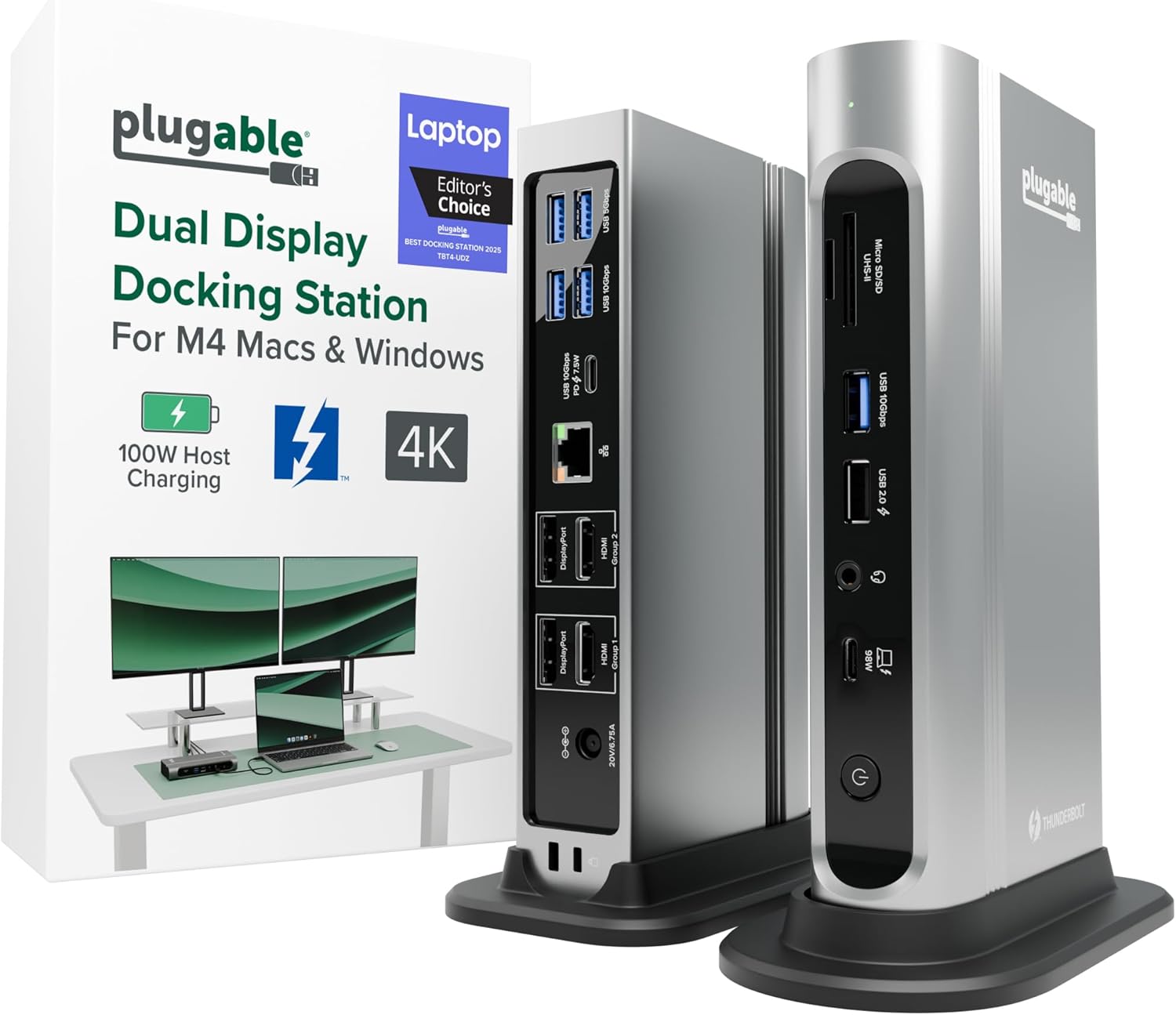 Plugable 16-in-1 Thunderbolt 4 Dock – Dual 4K Monitors for M4/M5 MacBook Air/Pro  100W Charging  2X HDMI  2X DisplayPort  2.5G Ethernet  7X USB  MicroSD/SD Card Reader  Windows & USB4 Compatible