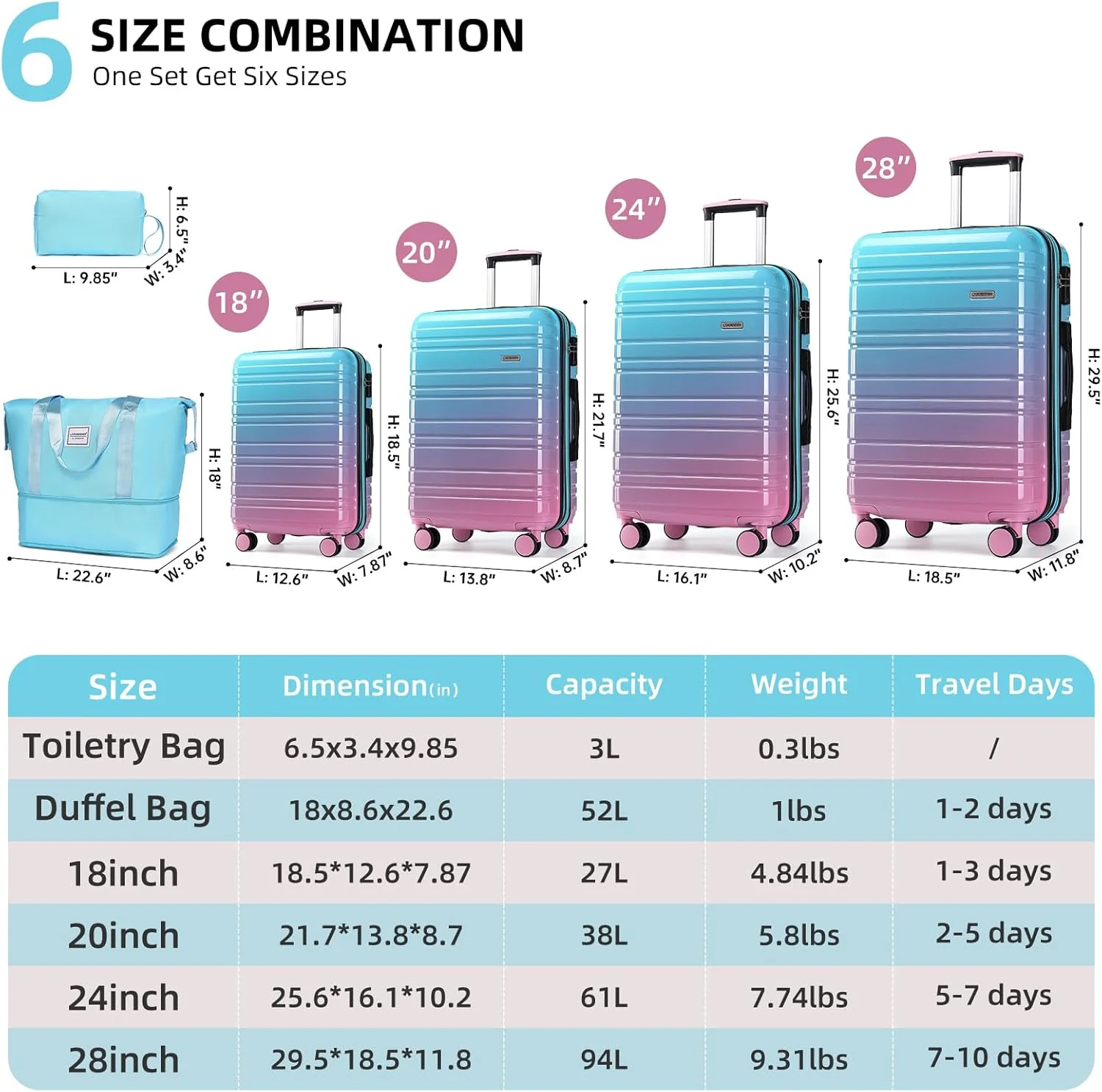 Ensemble de 6 valises, ensemble de valises rigides extensibles avec roulettes multidirectionnelles, ensemble de bagages à roulettes légers