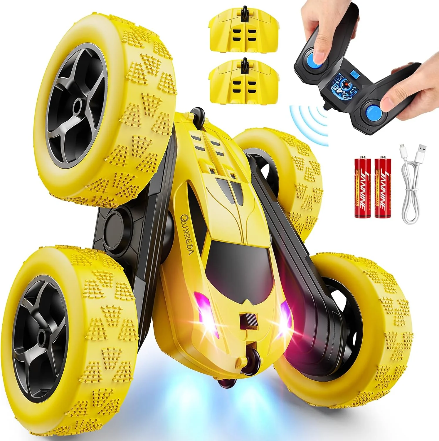 Remote Control Stunt Car for Kids 6+, 4WD Double Sided 360° Rotating RC Toy with Headlights