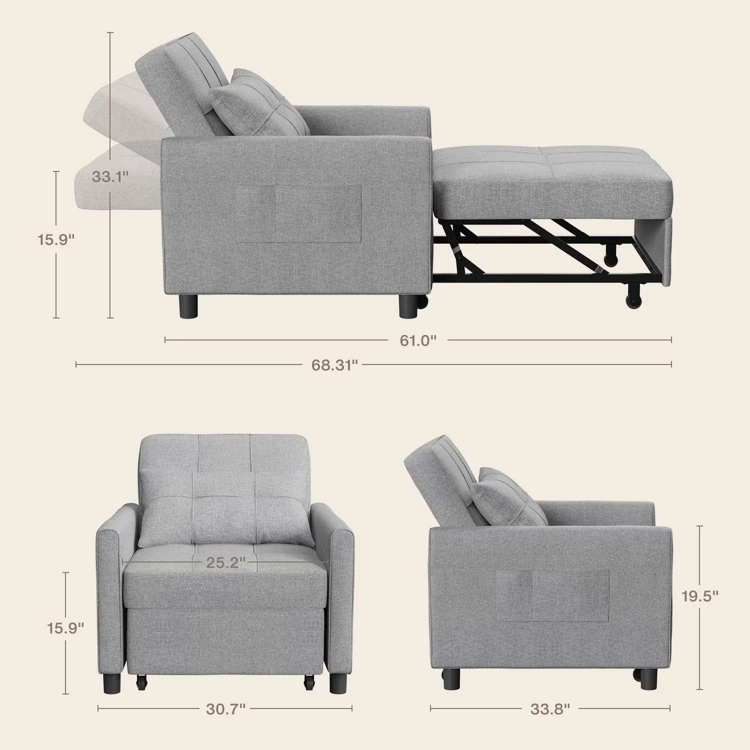 Lofka Chair Bed, Convertible Sofa Bed Couch Recliner Single Bed for Living Room/Office/Bedroom, Light Gray(Dark Gray) Image 7