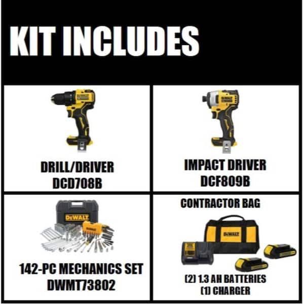 ATOMIC 20V MAX Cordless Compact Drill/Impact 2 Tool Combo Kit. Mech Tool Set (142-PC). and (2) 1.3Ah Batteries