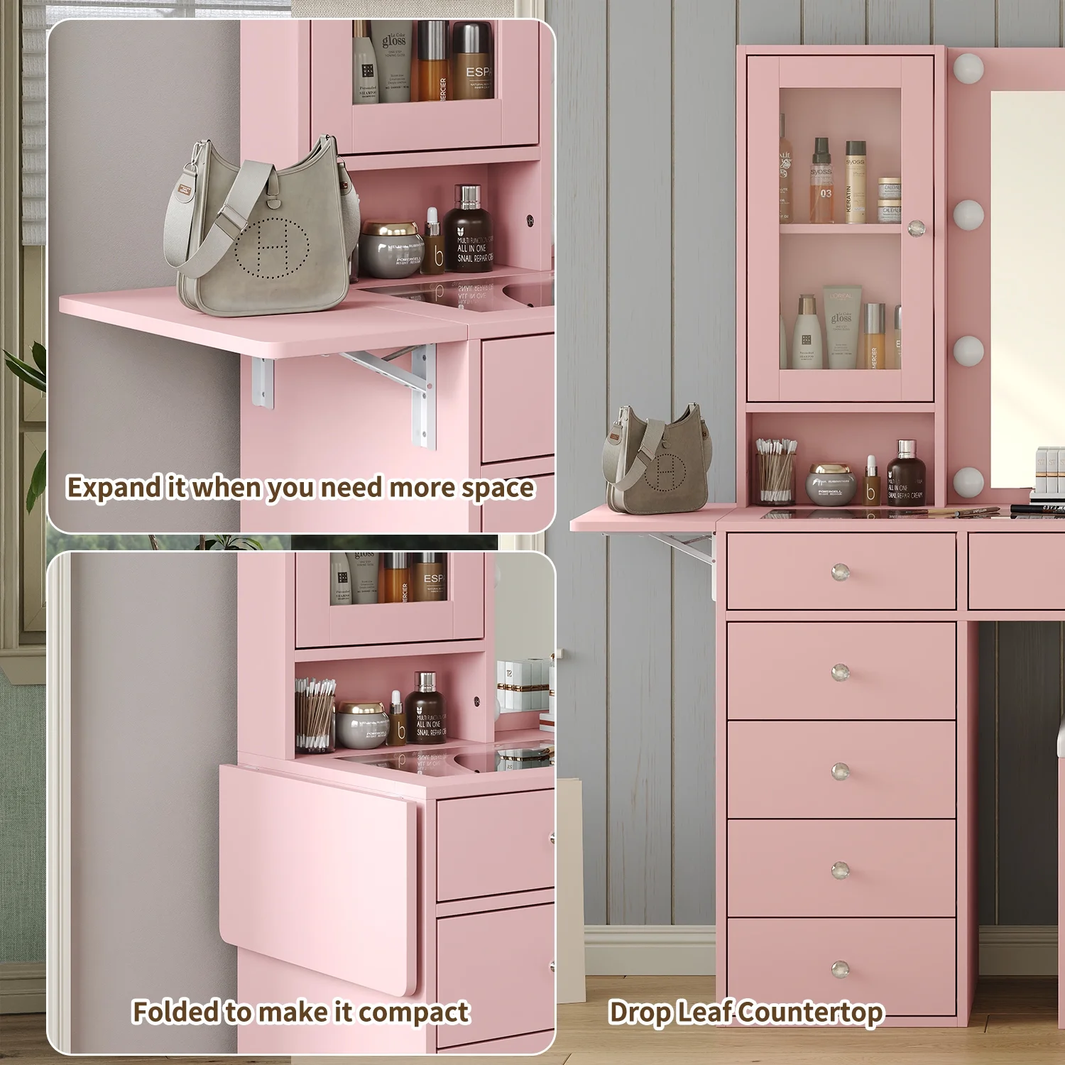 Vanity With Power Outlet, Vanity Desk With Mirror And 10 LED Lights, Makeup Vanity With 12 Drawers And 2 Cabinets, Fold-Up Panel, Glass Top Vanity Table With Chair For Bedroom - Image 5