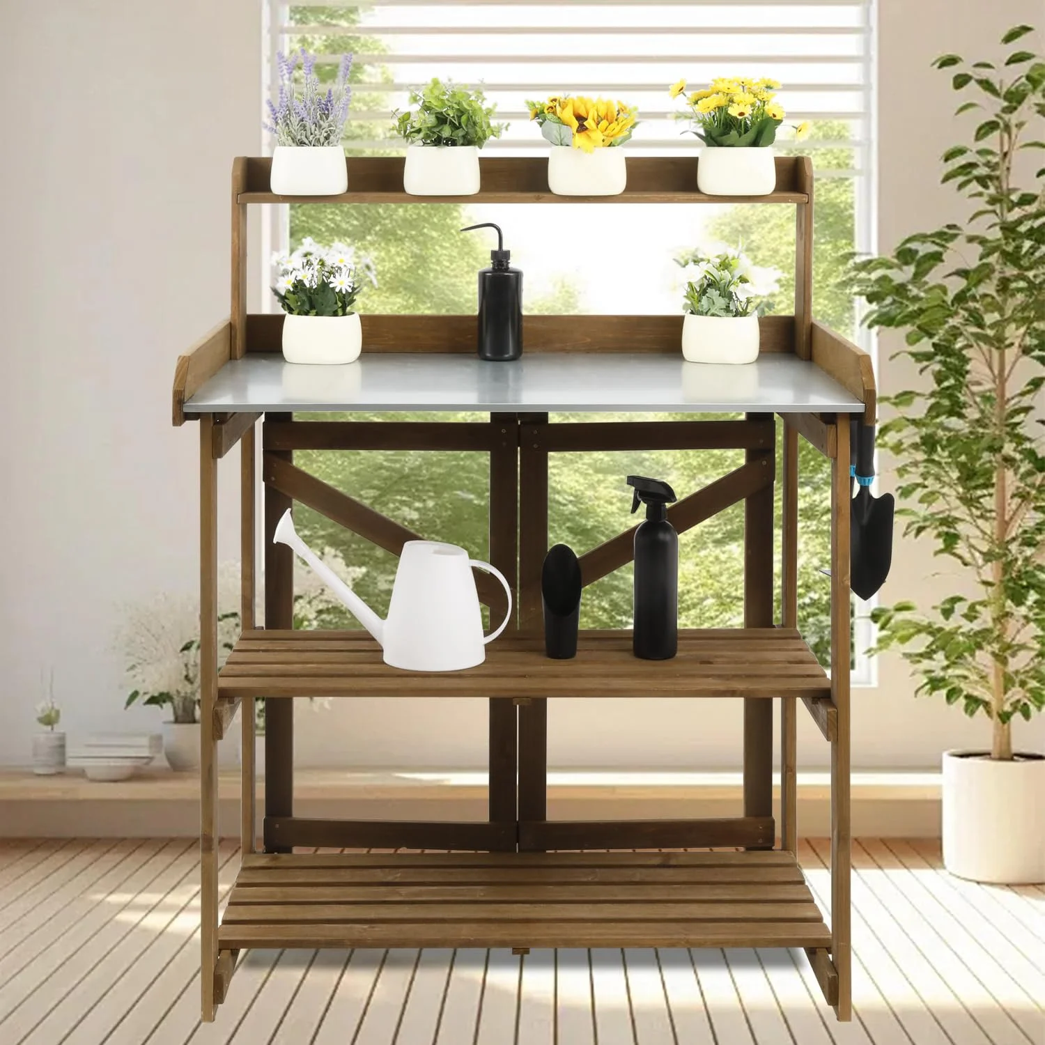 Outdoor Wooden Folding Potting Bench Table, Fir Wood Garden Workstation with Galvanized Tabletop, 2 Tier Storage Shelves, Brown(35"Lx17.3"Wx46"H) - Image 8