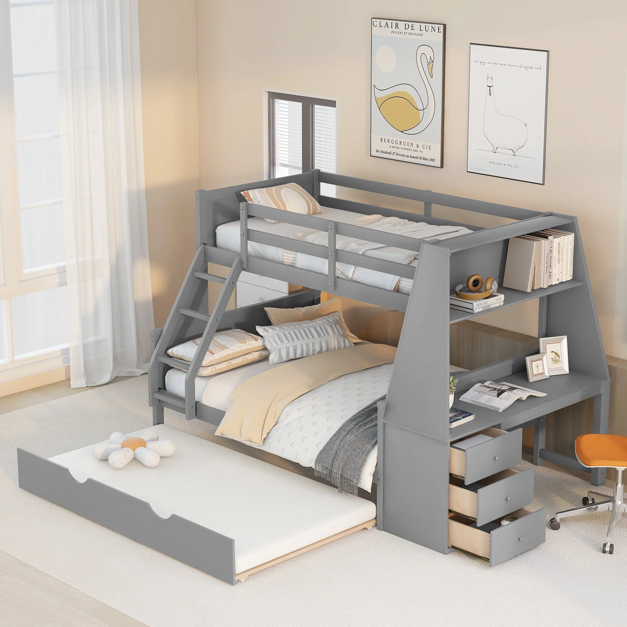 EUROCO Twin Over Full Bunk Bed with Trundle, Built - in Desk with Bookcase and 3 Drawers for Kids, Gray