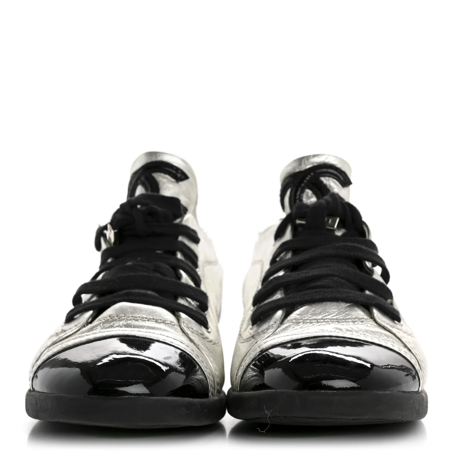 Metallic Lambskin Patent Cap Toe CC Sneakers 38.5 Silver Black