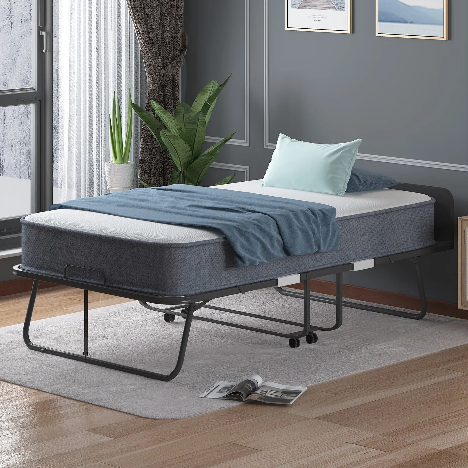 CECER Folding Bed with 5 inch Thick Mattress and Headboard|31" Width Twin Size Portable Bed|Space Saving Foldable Bed with High Resilient Foam Mattress|Foldable Metal Bed Frame with 4 Lockable Wheels Image 4