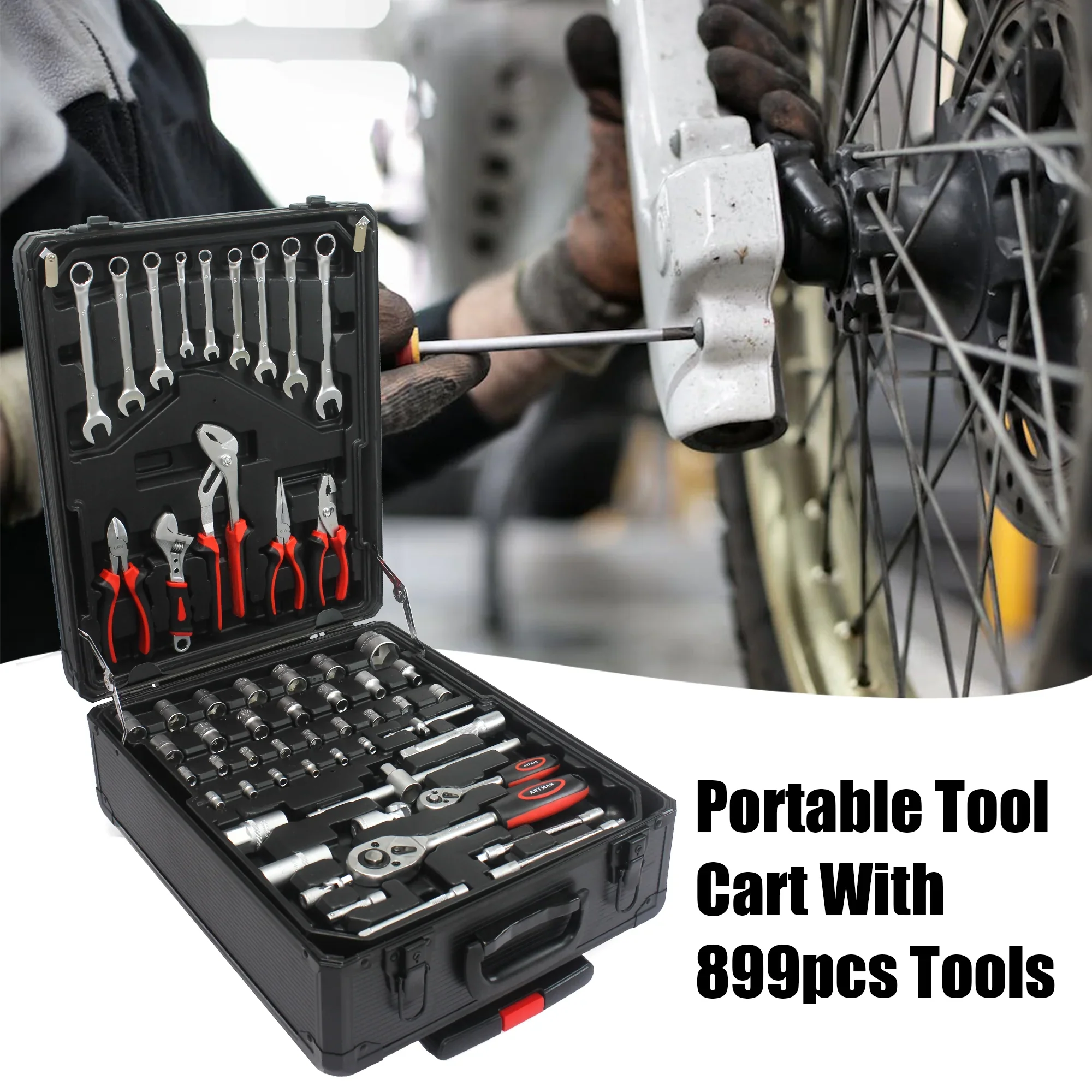 799 Pieces Professional Mechanics Hand Tool Set, Mobile Tool box on Wheels W/Ratchets&Socket, Screwdriver, Tongs, 4-layer Tool Case & Tool Kit, Silver