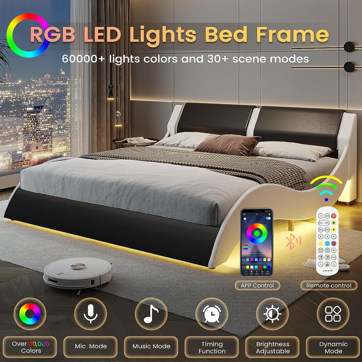 Queen Size Bed Frame with LED Lights,Modern Platform Bed Frame with Upholstered Headboard,Faux Leather Wave Like Low Profile Bed Frame,No Box Spring Needed,Black(Full Black) Image 3